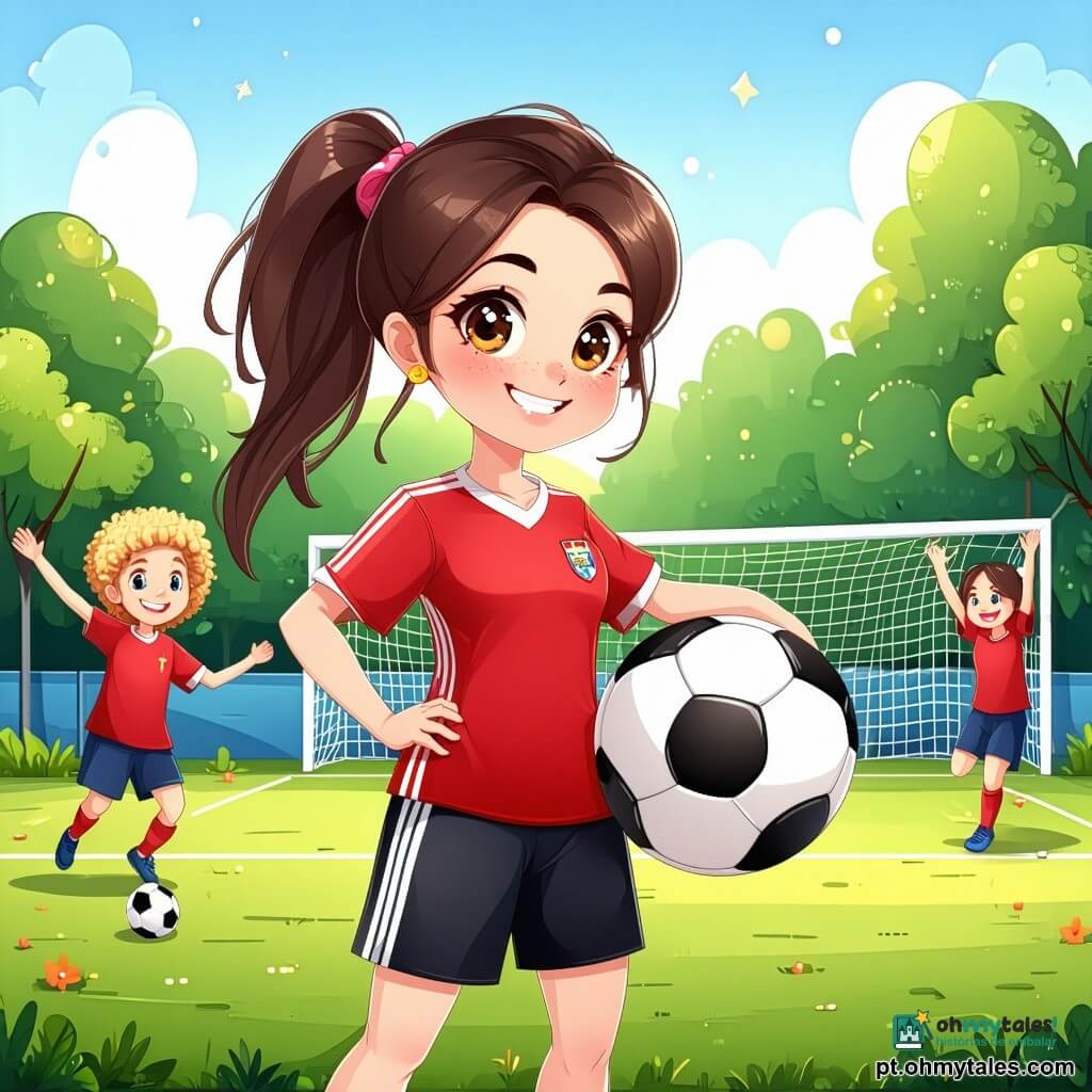 Uma jovem chamada Sofia, com cerca de 12 anos, está no centro da imagem. Ela tem longos cabelos castanhos presos em um rabo de cavalo, um sorriso radiante e olhos cheios de determinação. Ela usa uma camiseta de futebol vermelha com listras brancas e um short preto, segurando firmemente uma bola de futebol sob o braço. Ao lado dela, sua melhor amiga Ana, também de 12 anos, tem cabelos loiros cacheados e um grande sorriso. Ela está pulando de alegria, com os braços levantados, celebrando um gol marcado. Ao fundo, um campo de futebol verde está cheio de jovens jogadores, pais aplaudindo nas arquibancadas e um céu azul com nuvens brancas. O sol brilha, iluminando a cena com uma luz quente. A situação principal mostra Sofia e Ana após um gol, cercadas por suas companheiras de equipe, todas sorridentes e entusiasmadas, celebrando juntas a vitória e o espírito de equipe.