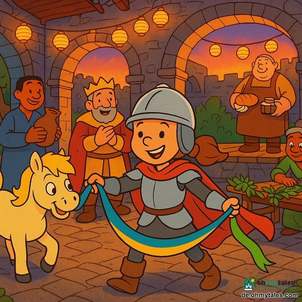 Eine junge lächelnde und entschlossene Ritterin mit braidem Haar und silbernem Helm, rotem Mantel, reicht ein blau-grün-gelbes Band in die Mitte des Hofes; neben ihr das cremfarbene Pony Funke schnuppert daran. Hinter ihnen kommt der König mit kurzem grauem Bart und freundlichem Gesicht, klatschend auf die zentrale Fläche zu; Herr Bardo vom Bachclan in blau hält eine Wasserkrug neben einem kleinen Becken links; Frau Linde vom Waldclan in grün mit silbernem Dutt legt dekorative Blätter auf einen Holztisch rechts; Herr Stein vom Hügelclan, groß und stämmig mit brauner Schürze, trägt Brot und kleine Trommeln auf einer niedrigen Bühne im Hintergrund. Schauplatz: Hof einer alten steinernen Festung mit Kopfsteinpflaster, großen Bögen, Papierlaternen, rustikalen Holztischen, Pflanzen und einem Bach links; warme Dämmerungsstimmung, goldene Beleuchtung, fröhlicher, weicher Cartoonstil. Hauptsache: Die Ritterin verbindet die drei Clans, indem sie das tricolore Band befestigt, die Figuren nähern sich lächelnd, Musik und Teilen beginnen.