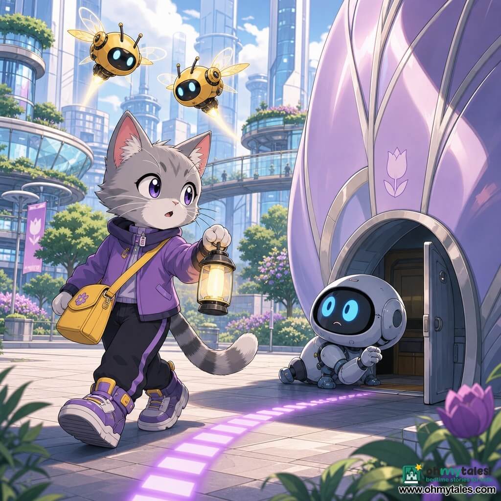 Mira is a young urban anthropomorphic cat with silver whiskers and a yellow shoulder satchel, curious and brave, holding a small lamp and walking resolutely; a small round gray service robot with worried blue LED eyes crouches by a slightly open door and looks at her; two bee-like golden drones buzz overhead, shiny and friendly, watching the futuristic plaza with glass-and-metal buildings, green rooftop gardens, glass walkways and a tulip-shaped building with a low ajar door; Mira follows a blinking violet light on the ground, soft lighting, pastel futuristic colors, dynamic child-friendly composition.