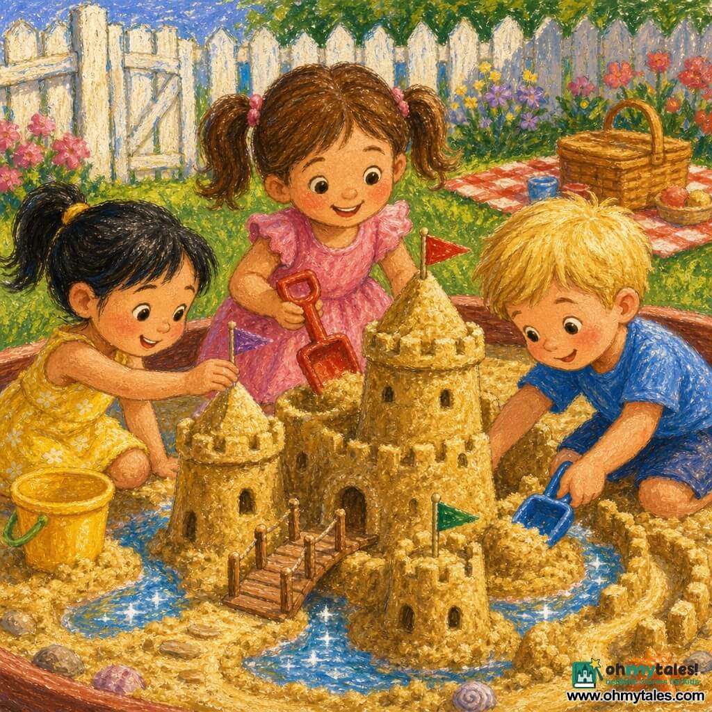 Three children: Lily, about 5, brown hair in pigtails, pink dress, holding a red shovel in front of a large sandcastle and smiling; Max, about 5, short blond hair, blue t-shirt, on the right tamping sand with a blue shovel, leaning toward the main tower; Mia, about 5, black hair in a ponytail, yellow dress, on the left placing a small paper flag on a tower beside a yellow bucket. Sunny backyard with a soft green lawn, a sandbox of golden sand, a white wooden fence, a few flowers and a picnic basket on a checkered blanket. The children build the biggest sandcastle together: round towers, ramparts, shallow water-filled moats, small paper flags and a tiny wooden bridge; joyful, collaborative scene with warm colors, soft textures and bold pastel strokes.