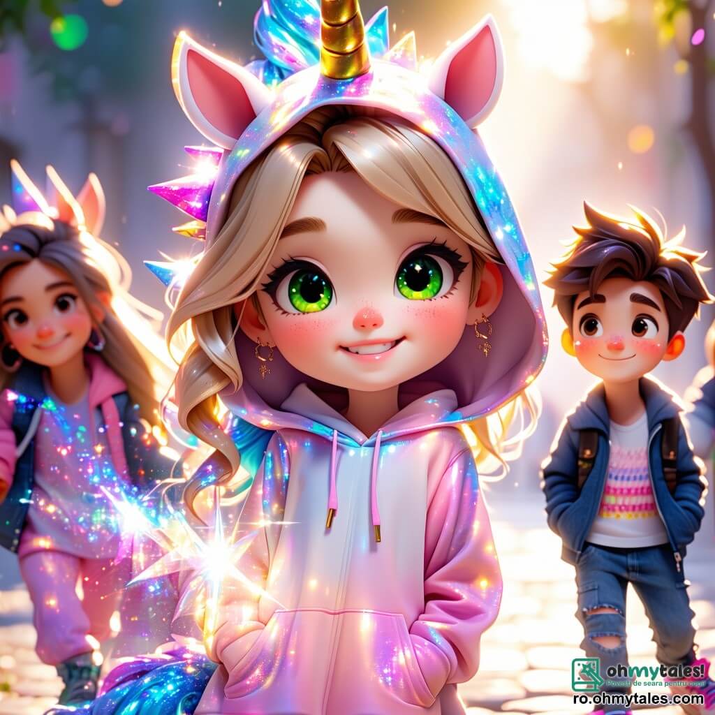 O fată de 8 ani, Alice, cu ochi verzi strălucitori și păr blond creț, este în centrul imaginii, radiantă de bucurie și entuziasm, îmbrăcată într-un costum de unicorn zburător strălucitor, cu colțuri colorate și paiete care strălucesc în soare. Lângă ea, cel mai bun prieten al ei, Max, un băiat de 8 ani cu păr brun zbârlit și un zâmbet jucăuș, ține o pereche mare de aripi din hârtie creponată, pregătit să le atașeze la Alice, râzând cu bucurie. Fundalul este o piață centrală animată, plină de baloane colorate care plutesc în aer, de tarabe cu mâncare și dulciuri, și artiști de stradă care distrează o mulțime entuziastă, toți îmbrăcați în costume strălucitoare. La distanță, o scenă împodobită cu ghirlande luminoase găzduiește magicieni și acrobați, adăugând o notă de magie atmosferei festive. Situația principală arată cum Alice și Max se pregătesc pentru concursul de costume, cu Alice făcând un pas înainte, gata să defileze pe scenă, în timp ce Max ajustează cu grijă aripile prietenei sale, amândoi radiază de entuziasm și prietenie, înconjurați de energia veselă a carnavalului.