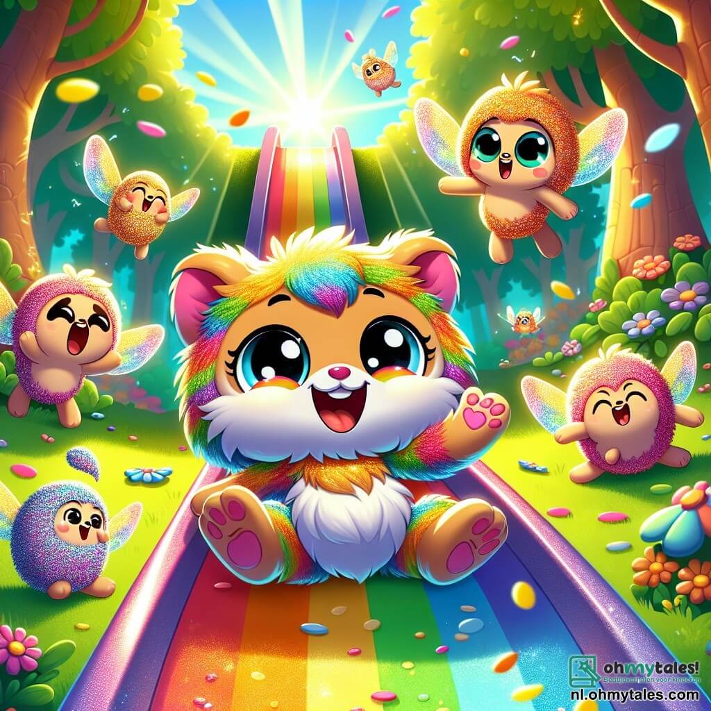 Een hoofdpersonage, een schattige, kleurrijke bol van vacht als een regenboog van confetti, met een grote glimlach en sprankelende ogen van vreugde, glijdt van een glijbaan in de vorm van een regenboog, lachend uitbundig. Naast hem draait een groep kleine vliegende wezens, Vliegjes met glinsterende vleugels, in de lucht, hun gezichten stralend van blijdschap, terwijl ze applaudisseren en hun vriend aanmoedigen. Een ander personage, een Sprinkhan, met lange, slanke poten, springt vrolijk op de grond, zijn gezicht toont opwinding en plezier. De locatie is een prachtig betoverd bos, vol bomen met kleurrijke stammen en stralende bloemen, waar het zonlicht door de bladeren filtert en lichtpatronen op de grond creëert. De hoofdscene toont het hoofdpersonage en zijn vrienden die samen plezier hebben op de glijbaan, de vriendschap en vreugde vierend, terwijl kleurrijke bellen om hen heen zweven, wat een vleugje magie aan hun avontuur toevoegt.