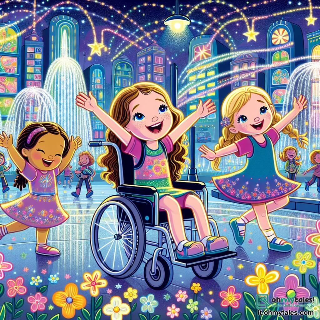 In una città futuristica chiamata Luminosia, tre amiche sono riunite. Lila, una bambina di tre anni in sedia a rotelle, ha lunghi capelli ricci e un sorriso splendente. È al centro dell'immagine, con le braccia alzate come se stesse volando. Alla sua destra c'è Mia, una bambina dai capelli lisci e castani, che indossa un vestito colorato e ride allegramente imitando Lila. A sinistra, Sara, un'altra bambina con trecce bionde, danza con grazia, le braccia in alto, circondata da fiori brillanti che cantano. Lo sfondo è una strada animata di Luminosia, con case alte e colorate che brillano sotto un cielo stellato. Luci danzano lungo i marciapiedi e robot dalle forme divertenti annaffiano fiori multicolori che sembrano sorridere. Le tre amiche scoprono un grande schermo luminoso che proietta immagini magiche dello spazio, mentre si immaginano volare tra le stelle, creando un'atmosfera di gioia e meraviglia.