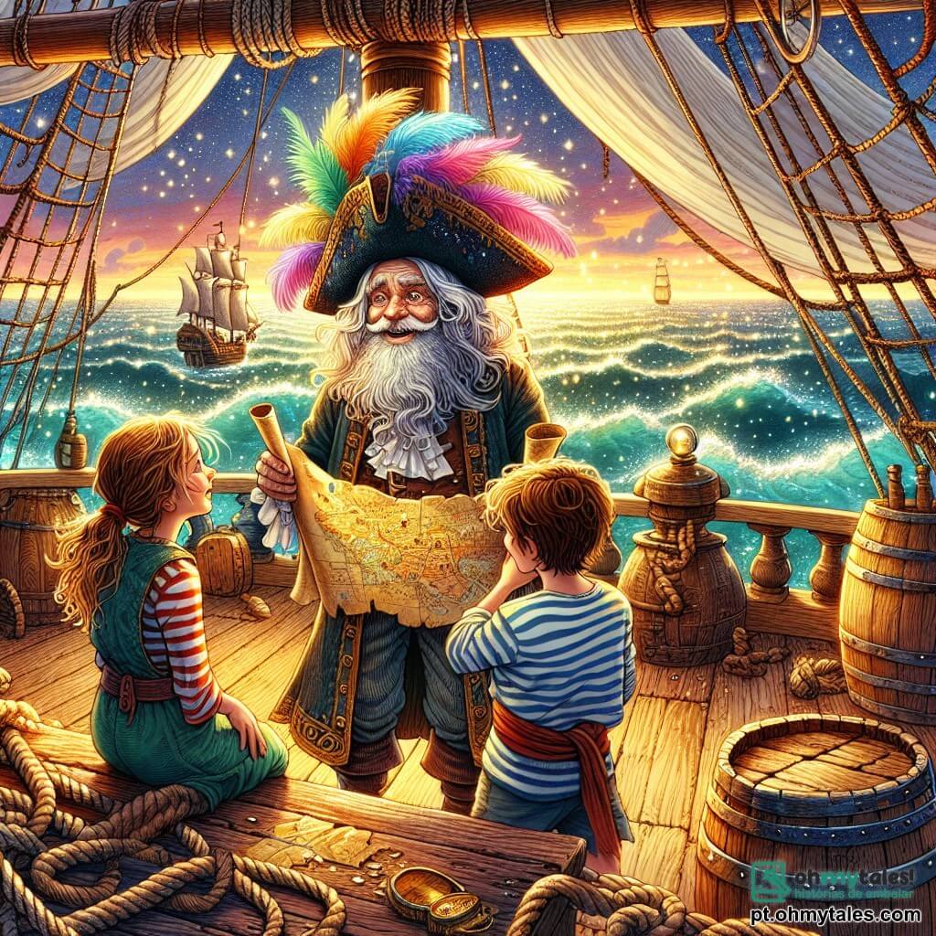 O personagem principal é um homem idoso, Barba Branca, com uma longa barba branca e cabelos desgrenhados, usando um chapéu de pirata adornado com penas coloridas. Ele exibe um sorriso travesso e olhos brilhantes de aventura, segurando um mapa do tesouro em uma mão e uma bússola na outra, em pé no convés do seu navio, "O Corsário Valente". Ao seu lado está Miguel, um garoto de cerca de 10 anos, com cabelos castanhos bagunçados e uma camisa listrada, que observa o mapa com admiração, os olhos arregalados de excitação. Clara, uma menina de 9 anos com cabelos loiros trançados, fica um pouco afastada, segurando um binóculo, pronta para espreitar o horizonte em busca da lendária ilha do tesouro. A cena acontece no convés de um velho navio pirata, com velas brancas flutuando ao vento, cordas emaranhadas e barris de madeira, enquanto o oceano brilha sob o sol poente, criando uma atmosfera mágica e aventureira. A situação principal da história mostra Barba Branca e as crianças planejando sua próxima aventura, examinando o mapa do tesouro, cercados por uma atmosfera de excitação e mistério, prontos para partir em busca da Ilha das Maravilhas.
