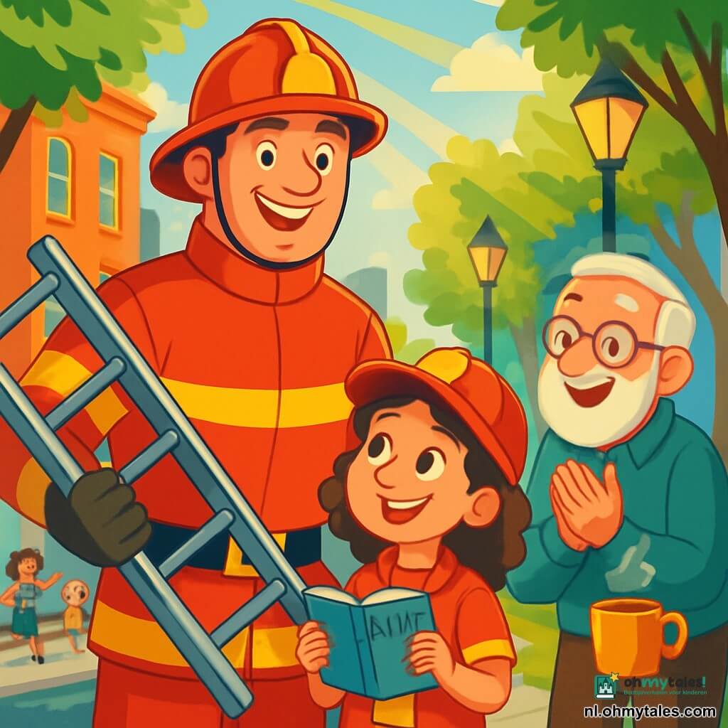 Een grote, gespierde brandweerman in een felrode uniform en een glanzende helm staat in het midden van de afbeelding, glimlachend met sprankelende ogen van enthousiasme. Hij houdt een grote metalen ladder vast, klaar om anderen te helpen. Naast hem staat een jong meisje van ongeveer 10 jaar met krullend haar en een brandweermuts, die bewonderend kijkt en een klein notitieboekje in haar handen houdt. Een oudere man met een bril en een witte baard staat iets verder weg, glimlachend en klappend, met een dampende kop koffie in zijn hand. De locatie is een drukke straat in de stad, met kleurrijke gebouwen, verlichte lantaarns en bomen met levendig groene bladeren. Kinderen spelen op de stoep en een rode brandweerauto staat in de buurt geparkeerd met knipperende lichten. De belangrijkste situatie toont de brandweerman en het meisje die vrolijk met elkaar praten, terwijl de oudere man hen aanmoedigt. De sfeer is vol kameraadschap en opwinding, met zonnestralen die door de bomen filteren en de scène verlichten met een warme en vriendelijke gloed.