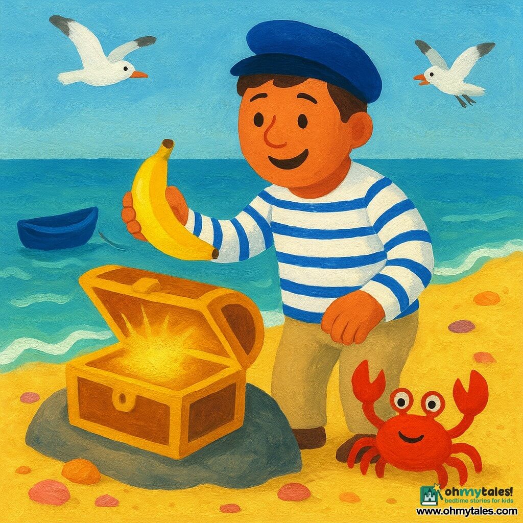 A smiling proud man (about 30) with a round face, chestnut hair, small blue sailor hat, white-and-blue striped jacket and beige pants opens a shiny box on a large rock and holds a bright yellow banana; a vivid red crab with round eyes waves a claw on the sand to his right; two small white-and-gray birds fly above with open beaks; golden sandy beach with scattered colorful shells, gentle turquoise waves, and a small flat-bottomed blue boat moored a few meters behind him; main scene: a cheerful pirate discovers a box containing a banana in a brightly lit, soft, vivid gouache-style image with thick textures and simple rounded lines suitable for toddlers.