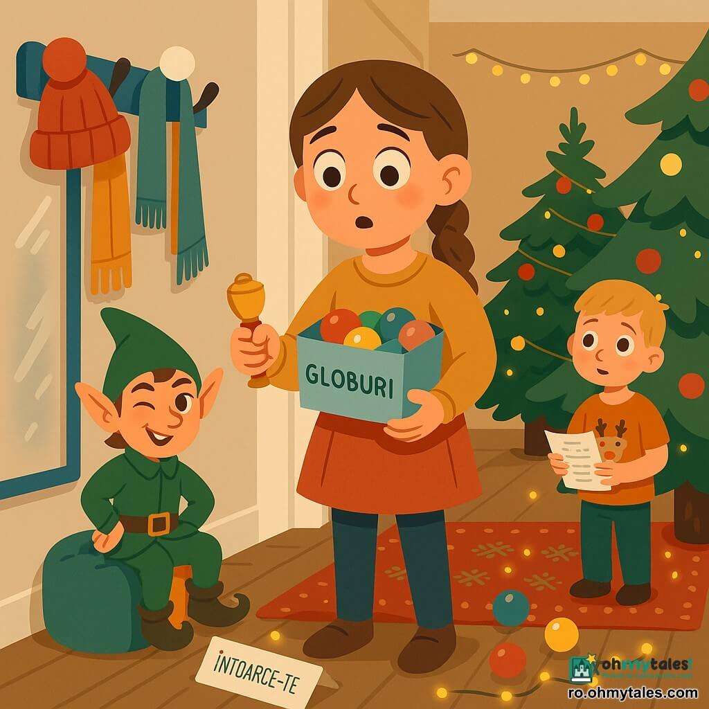 O fetiță de 10 ani, față rotundă, păr brun împletit, ochi mari surprinși, ține o cutiuță cu globuri și o ștampilă aurie; un spiriduș băiețel în costum verde viu, centură din piele maro, urechi ascuțite, zâmbet ștrengăresc, cocoțat pe un puf lângă cuier, clipind gata de o poză; fratele mai mic, vreo 6 ani, păr blond scurt, tricou cu reni, lângă brad cu o partitură în mână, privește curios; hol cu podea caldă din lemn, covor roșu cu motive de Crăciun, cuier cu căciuli și fulare, oglindă ușor aburită cu scris făcut cu degetul, o felicitare „Întoarce-te” pe podea și luminițe galbene pâlpâindu‑și; scenă nocturnă a descoperirii spiridușului care a răsturnat globurile, tensiune blândă, gesturi lente, atmosferă jucăuș‑magică cu accente aurii pe ștampilă și reflexe roșii ale globurilor.