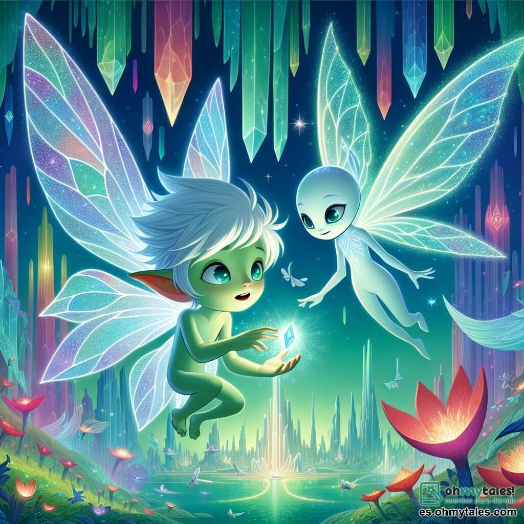 Zephyr, un pequeño Aetherlin con alas translúcidas brillantes como un arcoíris, se encuentra en el centro de la imagen, con los ojos muy abiertos de asombro, sosteniendo un cristal resplandeciente en sus pequeñas manos. Tiene una piel de un verde suave y cabello en forma de hojas delicadas, flotando suavemente a su alrededor. A su lado, Aria, una criatura esbelta con grandes alas brillantes y piel azul perlada, le sonríe con benevolencia, sus ojos brillando de sabiduría. Ella se inclina ligeramente hacia adelante, como para compartir un secreto, y está justo al lado de Zephyr, en un entorno vibrante. El decorado es la magnífica Ciudad de las Estrellas, con torres de cristal brillantes elevándose hacia un cielo verde esmeralda, donde jardines colgantes flotan, llenos de flores luminosas. Criaturas fantásticas vuelan alrededor, añadiendo a la magia de este lugar. La situación principal muestra a Zephyr descubriendo el poder del cristal, rodeado de luz y colores brillantes, mientras se da cuenta de que puede viajar en el tiempo, con una expresión de sorpresa y emoción en su rostro.