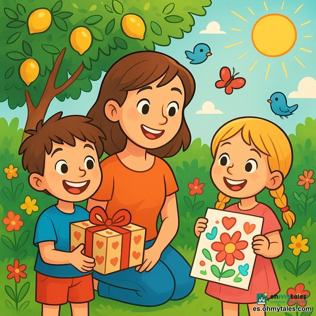 Un niño de 8 años, con el cabello castaño desordenado y ojos brillantes de alegría, se encuentra en el centro de la imagen, sosteniendo una bonita caja decorada con corazones de tela. Lleva una camiseta azul brillante y un pantalón corto rojo, y su rostro expresa una gran orgullo y emoción. A su lado, su hermana pequeña Valeria, una niña de 5 años con trenzas rubias y una sonrisa radiante, sostiene un dibujo colorido de flores y corazones, mirando a su hermano con admiración. Al fondo, su mamá, una mujer sonriente con cabello castaño, está sentada bajo un gran limonero, rodeada de flores brillantes y rayos de sol filtrándose a través de las hojas. La escena se desarrolla en un jardín verde, lleno de colores vivos, donde los pájaros cantan y las mariposas vuelan alegremente. El niño y su hermana están sorprendiendo a su mamá por el Día de la Madre, ofreciéndole regalos hechos a mano, creando una atmósfera cálida y llena de amor.