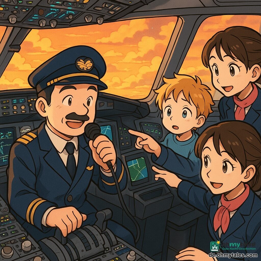 Ein erwachsener Pilot, lächelnd und gelassen, rundes Gesicht mit leichtem Schnurrbart, makellose dunkelblaue Uniform und Schirmmütze mit goldener Biese, sitzt im Cockpit und spricht ins Mikro, die Hand sanft am Schubhebel; eine erwachsene Co-Pilotin mit braunem Pferdeschwanz, konzentriert und wohlwollend, blickt auf die Instrumente rechts und zeigt auf einen Navigationsbildschirm; ein etwa sechsjähriger Junge mit zerzaustem blondem Haar schaut voller Staunen und etwas Sorge aus dem Fenster in der Kabine hinter dem Cockpit, daneben hockt eine Flugbegleiterin und lächelt beruhigend; detailliertes Cockpit mit schwarzen Instrumententafeln, bunten Knöpfen, grünen und blauen Bildschirmen und Metallhebeln, Fenster mit goldenen Wolken im Sonnenuntergang; Szene: der Pilot beruhigt die Passagiere vor dem Sinkflug, warme sichere Atmosphäre, sanftes goldenes Licht, klare Linien und kontrastreiche Farben im fröhlichen Manga-Stil.