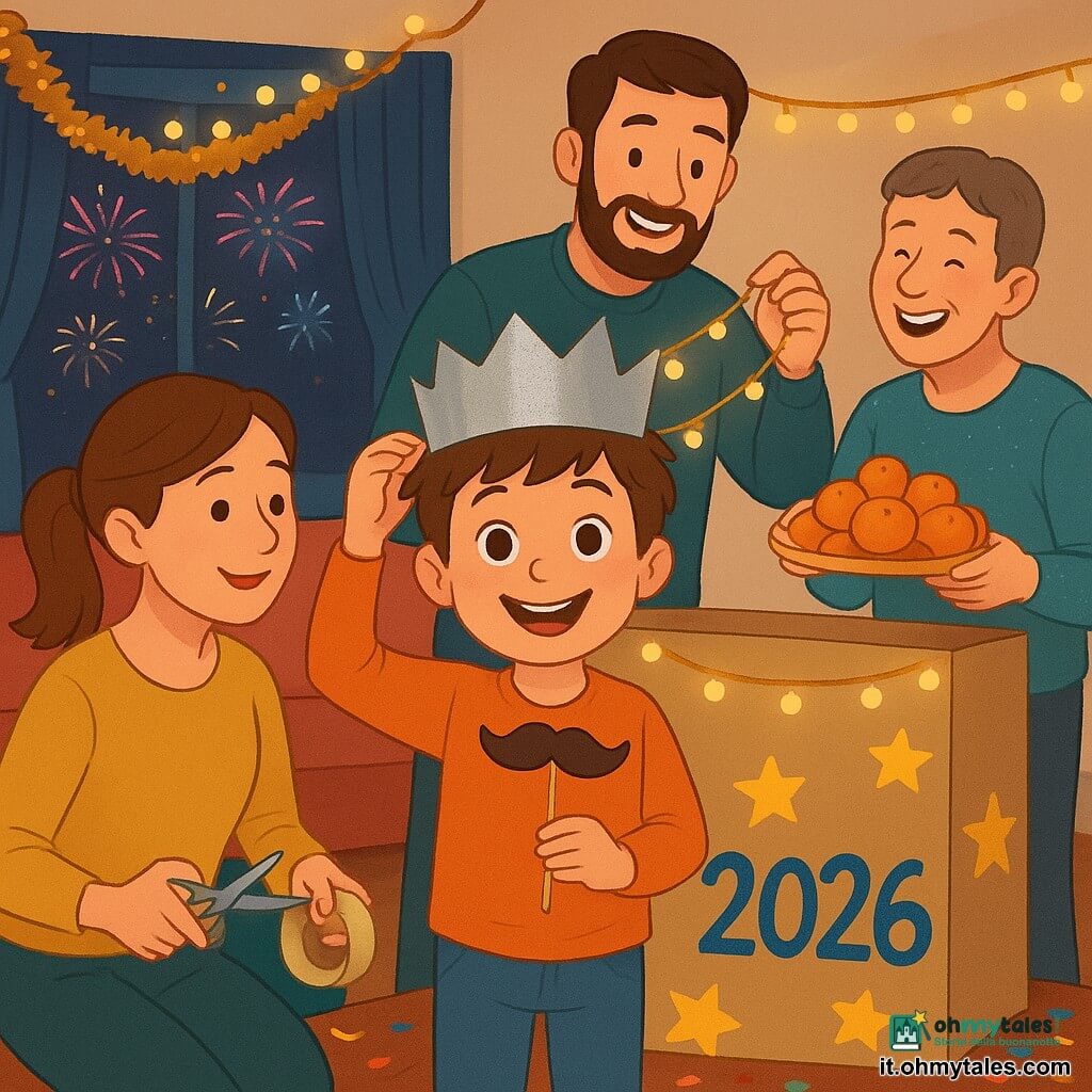 Un bambino di 6 anni, volto rotondo, capelli castani spettinati, occhi nocciola brillanti, sorridente e meravigliato, indossa di traverso una corona di carta argentata e tiene un accessorio da photobooth davanti a una grande scatola di cartone decorata. La mamma, circa 34 anni, capelli castano raccolti e sorriso dolce, è inginocchiata a sinistra del bambino con forbici e nastro adesivo; il papà, circa 36 anni, con leggera barba e occhi ridenti, è dietro il photobooth ad aggiustare una ghirlanda di lucine LED. Lo zio, circa 40 anni, capelli grigi, tiene un vassoio di mandarini sullo sfondo a destra ridendo con la vicina; la vicina, circa 50 anni, in abito brillante con una fetta di torta, è vicino alla finestra a sinistra. Ambientazione: soggiorno accogliente con divano rosso, coperte verde smeraldo e ghirlande dorate; il grande cartone trasformato in photobooth è decorato con stelle gialle e il numero 2026 dipinto in blu; dalla finestra notturna si vedono fuochi d’artificio. Situazione: piccola festa di Capodanno, il bambino si rimette la corona davanti al photobooth mentre gli adulti sorridono e scattano foto; atmosfera calda e luminosa con coriandoli e una ghirlanda luminosa che lampeggia vicino al numero 2026. Stile: illustrazione vettoriale nitida, colori vivaci e contrastati, linee morbide, texture carta per la corona, riflessi sulle ghirlande ed espressioni facciali calde e leggibili.