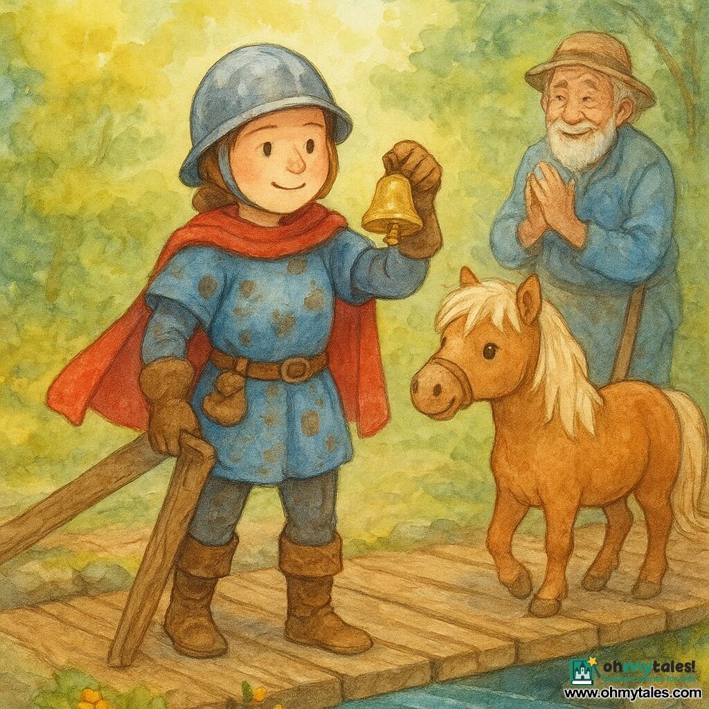 The young knightess is a smiling, round-faced woman with light brown hair under a polished helmet, holding a small muddy golden bell in one hand and gently pulling a wooden plank with the other; she wears a blue surcoat with clay stains, a short red cape, and a small seed pouch at her belt. Beside her, Pepper the light brown pony with a cream mane trots to the right, nose near her leg, watching the bell. Bram, an elderly gardener of about 70 with a wrinkled face and mischievous eyes, stands slightly back on the bridge, leaning on a shovel and applauding softly. The worn brown plank bridge spans a clear green-blue river with mossy stones at the bank and small yellow flowers between the boards. Soft golden morning light filters through leaves; the scene has a granular watercolor texture, slightly blurred edges and bright pastel colors. Main situation: a tender, triumphant moment as the knightess proudly displays the recovered bell while the pony and gardener share her joy on the sparkling-water bridge.