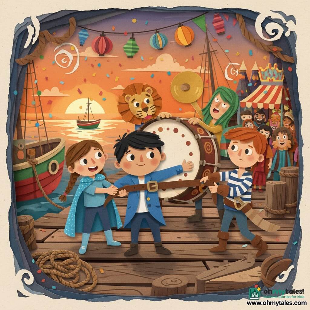 Four children réparing a large marching drum on a bustling dusk harbor quay: Juste, a 10-year-old boy with a round face and short black hair wearing a blue jacket with a missing pin spot, stands center front holding a wide brown strap with a buckle; Mina, 9, with brown braided hair and a sky-blue glitter cape, stands left helping steady the drum, proud; Théo, 11, chestnut hair and a striped pirate shirt with a cardboard sword at his belt, stands right threading the strap through the drum hoops, focused; Léo, 10, wearing a felt-maned lion mask, holds the drum from behind with his paws on the wooden planks. The quay has worn boards, coiled thick ropes, red- and green-hulled boats moored, paper lantern garlands, colorful carnival stalls and an orange sky reflecting on the water; a green-haired musician leans back ready to strike as costumed onlookers watch, confetti and hanging lights whirl; composition is bold, saturated colors with visible cut-paper textures and soft shadows.