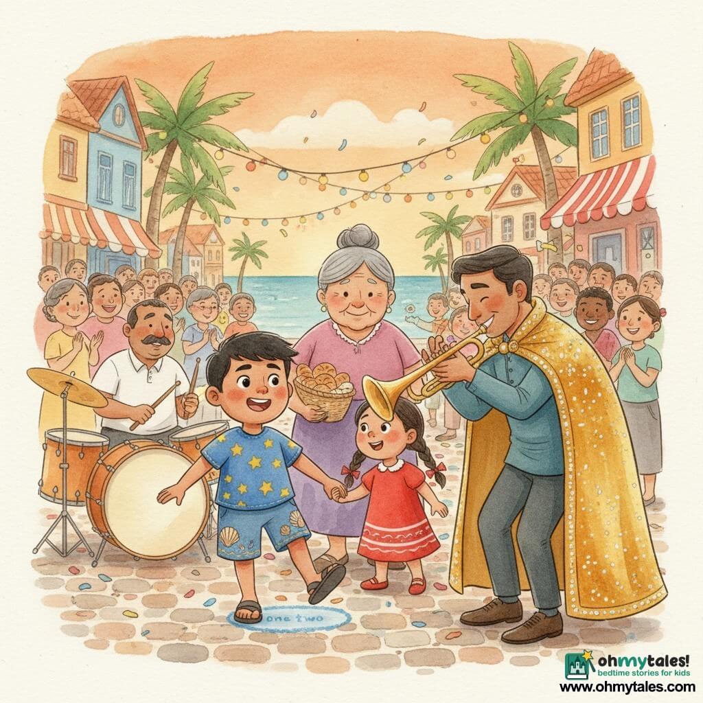 An 8-year-old boy with a round face, short black hair and tan skin stands with one foot on a small blue chalk mark, wearing a blue starry shirt and shell-embroidered shorts, tapping a sandal sole to the beat with a determined, joyful expression; to his right, about 7-year-old Lila with braided hair and a red ribboned dress smiles and holds his hand; behind him Abuela Rosa, about 65, with soft wrinkled skin and gray hair in a bun, places a protective hand on his shoulder while holding a basket of rolls; facing him the Brass King, about 40, in a shiny cape studded with small mirrors, leans forward smiling as he plays a golden trumpet; to the left Mr. Bayo, about 50 with a mustache, sets the tempo on a large drum; the scene is a seaside carnival street with uneven cobbles, palm trees, colorful houses, bunting, confetti and lanterns in warm late-afternoon light as the band speeds up and the crowd cheers while ribbons and mirror flashes reflect the light.