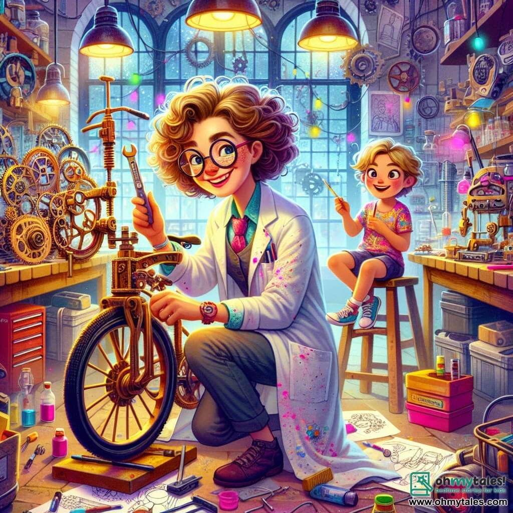 In a vibrant and chaotic inventor's workshop, a smiling woman, Dr. Matilda Bright, is fine-tuning a bicycle. She has curly, tousled hair, wears a paint-stained lab coat, and her eyes shine with excitement. Holding a wrench in one hand, she observes the bike with a determined smile. Next to her, an 8-year-old girl, Ellie, with blonde hair and sparkling eyes, sits on a stool. Wearing a colorful t-shirt and shorts, she admires Matilda's work, holding a pencil and sketchbook, ready to draw her ideas. The workshop is filled with strange machines, shining gears, and scattered papers, creating a magical and inspiring atmosphere. Shelves loaded with colorful gadgets and prototypes rise to the ceiling, while soft light filters through the windows. The scene shows Matilda and Ellie collaborating, with Matilda explaining an invention concept as Ellie sketches ideas on her notebook, surrounded by tools and inventive creations.