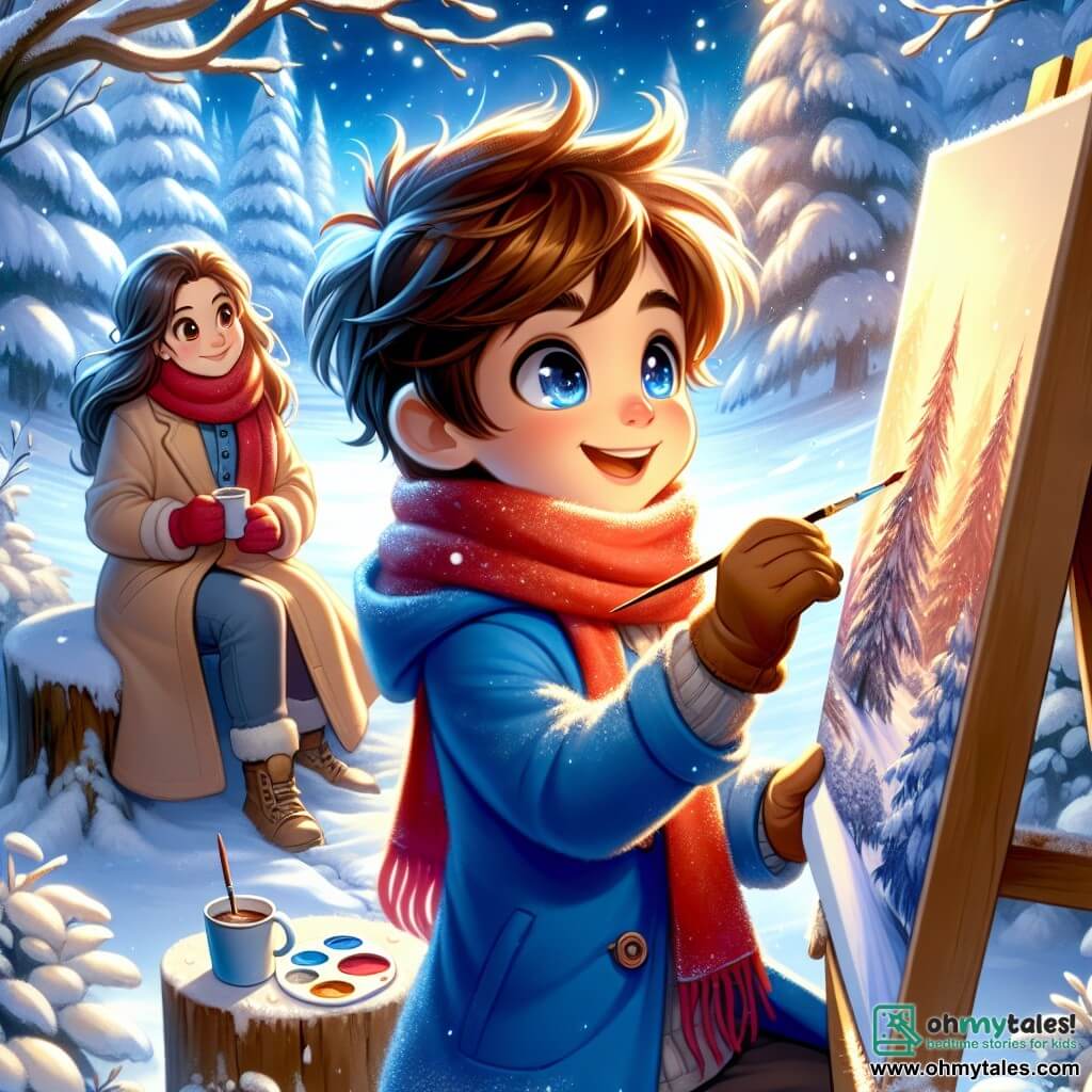An 11-year-old boy, Ethan, with tousled brown hair and sparkling curious eyes, stands in the middle of a snow-covered enchanted forest. He wears a bright blue coat, a red scarf, and gloves, painting on a canvas with a look of wonder on his face as he captures the beauty of the winter landscape. His mother, a woman around 35 with long brown hair, sits on a nearby tree stump, watching her son with pride. She is dressed in a beige coat and matching scarf, holding a cup of hot chocolate, savoring the moment. The scene takes place in a peaceful forest where trees are draped in sparkling snow and the ground is covered in a thick layer of powder. Snowflakes gently fall from the light blue sky, creating a magical and serene atmosphere. Ethan is absorbed in his art, trying to capture the sunlight filtering through the branches, while his mother encourages him with a loving gaze, creating a moment of connection and inspiration in the heart of winter.