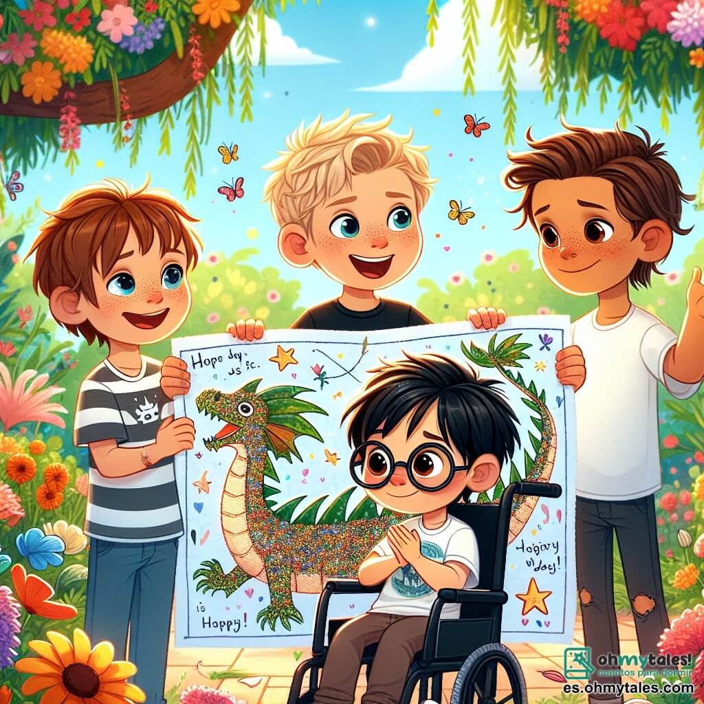 Cuatro niños de seis años están en un jardín soleado, rodeados de flores coloridas. Tomás, un niño de cabello castaño y ojos brillantes, sostiene una gran tarjeta decorada con un dragón de papel, sonriendo con orgullo. A su derecha, Lucas, con cabello rubio desordenado y una camiseta a rayas, aplaude con entusiasmo. A la izquierda, Mateo, un niño de cabello castaño y gafas redondas, admira la tarjeta con ojos llenos de estrellas. Finalmente, Nico, un niño de cabello negro y piel morena, está sentado en su silla de ruedas, sonriendo ampliamente y sosteniendo purpurina brillante. El jardín está lleno de flores vibrantes, mariposas revolotean a su alrededor, y un gran árbol con follaje verde se alza al fondo, añadiendo un toque mágico a la escena. Los cuatro amigos celebran el Día del Padre, listos para ofrecer su tarjeta gigante en forma de dragón a su papá, llena de amor y creatividad, en un ambiente alegre y festivo.