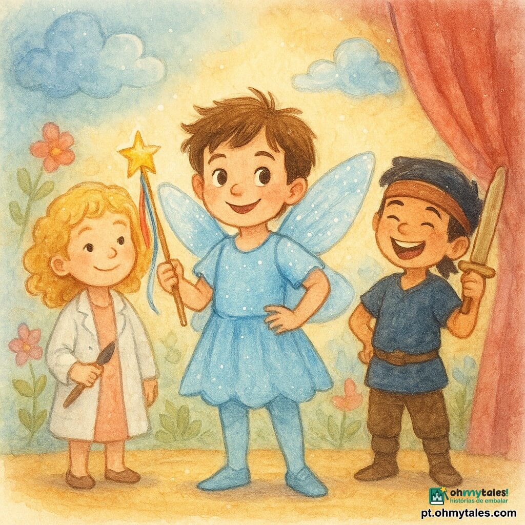 Um menino de 6 anos, Tomás, com cabelos castanhos despenteados e olhos brilhantes, veste um traje de fada azul claro com asas cintilantes. Ele sorri com confiança, segurando uma varinha mágica adornada com fitas coloridas. Ao lado dele, uma menina de 6 anos, Inês, com cabelos loiros cacheados, veste um jaleco de cientista e segura um pincel, sorrindo calorosamente. Um menino de 6 anos, Lucas, com cabelos pretos e uma faixa de pirata, levanta sua espada de madeira rindo. Eles estão em um palco de teatro colorido, cercado por cenários pintados de flores e nuvens. O palco é banhado por luzes suaves e acolhedoras, com uma cortina vermelha ao fundo. A atmosfera é alegre e mágica, capturando o momento em que Tomás abraça seu papel de fada com orgulho e imaginação.
