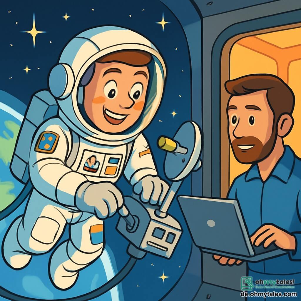 Ein Astronaut, Max, schwebt im Weltraum mit einem bewundernden Lächeln im Gesicht. Er trägt einen eleganten, glänzenden Schutzhelm, und sein Raumanzug ist mit bunten Abzeichen vergangener Missionen geschmückt. Seine Augen funkeln vor Aufregung, während er an einer Kommunikationsantenne arbeitet. In der Nähe beobachtet Alex, ein etwa 35-jähriger Mann mit braunen Haaren und einem gepflegten Bart, Max aufmerksam von innen in der Raumstation. Er trägt einen blauen Arbeitsanzug und hält einen Laptop bereit, um seinem Freund zu helfen. Die Umgebung zeigt den riesigen Weltraum, gespickt mit funkelnden Sternen und einem spektakulären Blick auf die Erde im Hintergrund, mit ihren blauen Ozeanen und grünen Kontinenten. Die Hauptsituation zeigt Max, der die Antenne repariert, während ein sanftes Licht sein Gesicht beleuchtet und eine Atmosphäre von Entdeckung und Abenteuer schafft.