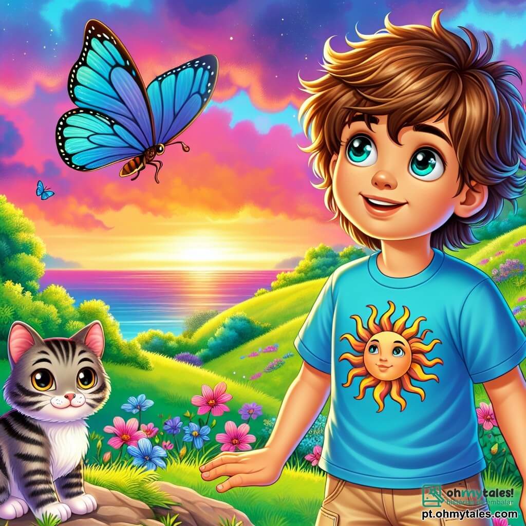 Um menino de 10 anos, Lucas, está no topo de uma colina verdejante, com os olhos brilhando de curiosidade e admiração. Ele tem cabelos castanhos bagunçados, um sorriso radiante e usa uma camiseta azul com um padrão de sol, além de um short bege. Lucas observa fascinado um horizonte colorido, onde tons de rosa, laranja e violeta se misturam em um céu mágico. Ao seu lado, uma pequena borboleta azul, delicada e vibrante, voa ao seu redor, com as asas brilhando à luz do sol. Ela parece alegre e cheia de vida, acompanhando Lucas em sua busca por descobertas. Ao fundo, um gato de olhos dourados, sentado em uma pedra, observa a cena com uma expressão sábia. Ele tem pelagem listrada cinza e preto, e seu ar misterioso adiciona um toque de magia à ilustração. O lugar é uma colina verdejante, salpicada de flores coloridas que dançam ao vento. O céu é vasto e luminoso, repleto de nuvens fofas que parecem flutuar suavemente. A cena principal mostra Lucas, maravilhado, diante de um horizonte deslumbrante, pronto para descobrir o "Horizonte das Possibilidades", enquanto a borboleta e o gato o incentivam em sua busca por verdade e sabedoria.