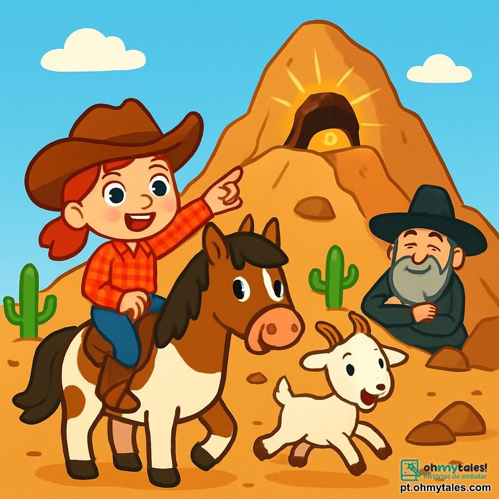 Uma jovem cowgirl, Clara, sorridente e cheia de energia, está orgulhosamente em seu cavalo Pinto. Ela usa um chapéu de cowboy marrom, uma camisa xadrez vermelha e jeans azuis, com botas de couro. Seus olhos brilham de excitação enquanto aponta para uma caverna cintilante no topo de uma montanha. Ao lado dela, sua amiga Lila, uma cabra travessa com pelagem branca e chifres curvados, salta alegremente no chão rochoso, pronta para explorar. Mais adiante, um homem idoso, o guardião do tesouro, com um grande chapéu preto e uma longa barba grisalha, observa a cena com um sorriso gentil, de braços cruzados. O cenário é uma majestosa montanha de encostas íngremes, salpicada de rochas e cactos, sob um céu azul radiante. A caverna brilha com um brilho dourado, prometendo uma aventura incrível. A situação principal mostra Clara e seus amigos descobrindo o tesouro escondido, cheios de entusiasmo e curiosidade, prontos para compartilhar sua descoberta com a cidade.