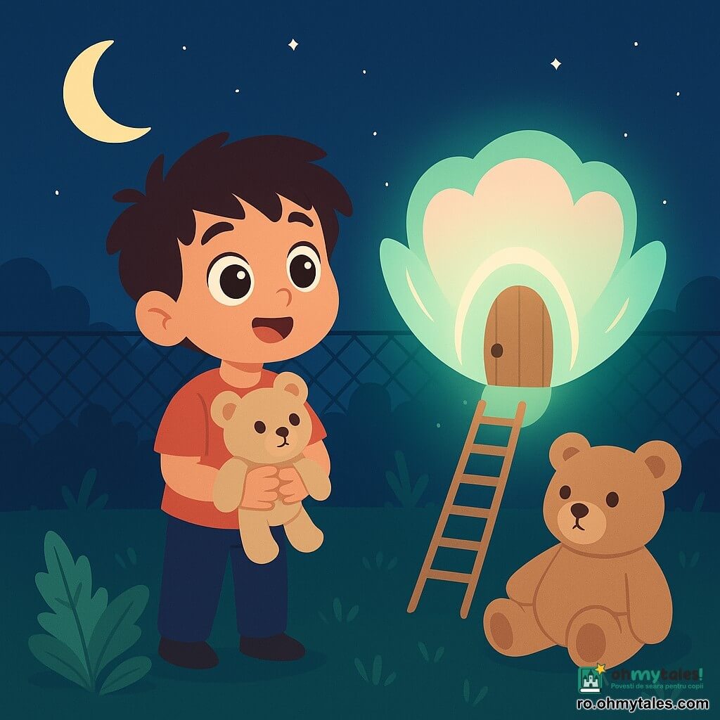 Un băiat de 6 ani cu ochii mari şi strălucitori, păr brun ciufulit şi zâmbet curios ţine un ursuleţ de pluș bej şi priveşte o lumină plutitoare; o jucărie îşi odihneşte capul pe piciorul lui, păstrând o atitudine calmă şi protectoare; o lumină rotundă, translucidă, culoarea mentei palide cu reflexe roz se deschide ca o floare, dezvăluind o uşă mică de lemn şi o scară moale spre pământ; scena e un grădină nocturnă cu iarbă verde închisă, o tufă de mentă în prim‑plan, un gard discret şi o lună în semilună în cerul albastru înstelat; băiatul stă în picioare pe iarbă, luminat de strălucirea blândă, pregătit să urce scara, atmosfera e magică, liniştită şi sigură, cu culori moi şi forme rotunjite.