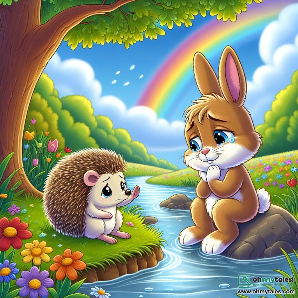 Benny the Bunny, a small brown rabbit with big ears, sits on a rock by a sparkling stream, with tears in his eyes but a slight smile on his face, reminiscing about his friend Toby. Next to him, Mrs. Hedgehog, a small hedgehog with soft fur and bright compassionate eyes, listens attentively, placing a comforting paw on his shoulder. The setting is a sunny meadow filled with colorful flowers gently swaying in the wind, with a majestic oak tree in the background, its leaves rustling softly. The main scene shows Benny speaking aloud about his memories with Toby, while a bright rainbow appears in the sky, symbolizing hope and eternal love.