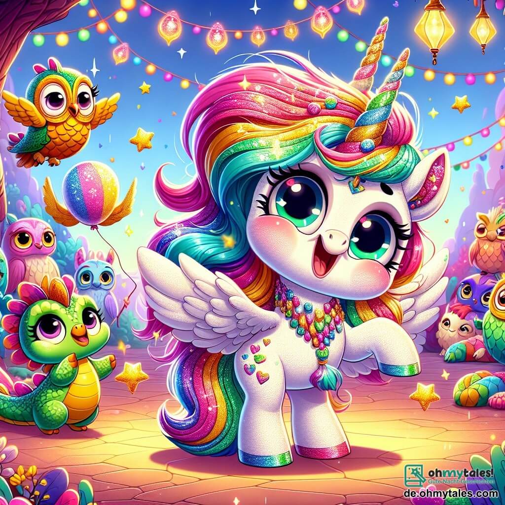 Eine wunderschöne Einhorn namens Lumi mit einer schimmernden Regenbogenmähne und einem glitzernden weißen Fell steht strahlend vor Freude und Aufregung im Mittelpunkt der Szene, ihre großen Augen funkeln schelmisch. Sie schüttelt ihre Mähne und lässt funkelnde Sterne um sich herum fallen. Neben ihr fliegt Flap, ein winziger Drache mit glänzenden grünen Schuppen und bunten Flügeln, fröhlich durch die Luft und lacht herzhaft. Er sieht schelmisch und enthusiastisch aus, bereit, Witze zu erzählen. Im Hintergrund beobachten zwei weise Eulen mit goldenen Federn, die auf einem Ast sitzen, die Szene mit amüsierten Gesichtsausdrücken und neugierigen, runden Augen. Der Ort ist ein festlicher Markt, dekoriert mit bunten Girlanden und funkelnden Laternen, umgeben von Kreaturen aller Art, die um Lumi versammelt sind, lachen und applaudieren. Bunte Blumen und Ballons schweben in der Luft und schaffen eine fröhliche, magische Atmosphäre. Die Hauptsituation zeigt Lumi auf der Bühne, die einen ihrer besten Witze erzählt, während die Menge in schallendes Gelächter ausbricht, erfüllt von Freude und Freundschaft, und das Lachen und die Kameradschaft feiert.