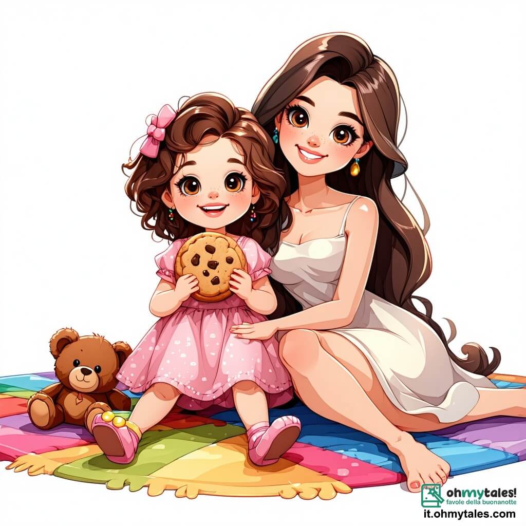 Una bambina di un anno, con grandi occhi brillanti e capelli ricci castani, è seduta su un tappeto colorato, un grande sorriso illumina il suo viso. Tiene un biscotto in una mano e un orsetto di peluche marrone nell'altra, esprimendo una gioia contagiosa. Accanto a lei, sua madre, una donna di circa 30 anni, con capelli lunghi e lisci, vestita con un abito leggero, sorride teneramente mentre tiene una scatola piena di palloncini colorati. Si piega leggermente verso Anna, condividendo questo momento di felicità. Il vicino, il signor Beppe, un uomo di circa 60 anni, indossa un grande cappello rosso e tiene un mazzo di palloncini. Si trova vicino alla porta, ridendo gioiosamente, aggiungendo all'atmosfera festosa. La scena si svolge in un soggiorno luminoso, decorato con festoni colorati e palloncini fluttuanti. Una finestra aperta lascia entrare la luce del sole, illuminando la stanza e creando un'atmosfera calda e festosa. La situazione principale mostra Anna che celebra il suo compleanno circondata dalla sua famiglia e dai suoi amici, tutti cantando gioiosamente "Tanti auguri a te" mentre condividono biscotti e risate, riempiendo l'aria di amore e felicità.