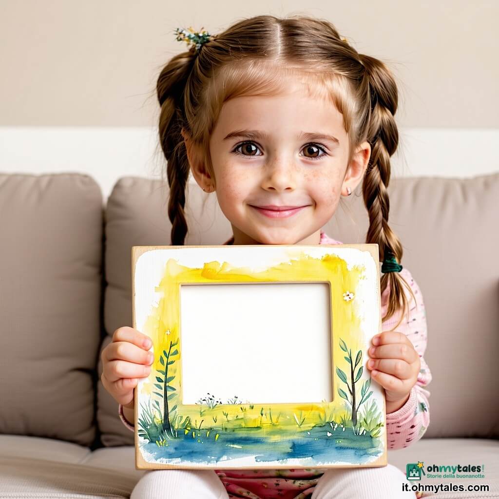 Bambina di 6 anni con capelli castano chiaro raccolti in due piccole trecce, viso rotondo, lentiggini, espressione gioiosa e orgogliosa, occhi luminosi, che porge un piccolo portafoto in legno dipinto a mano, giallo e blu con pennellate visibili; padre di circa 38 anni con leggera barba e capelli castani corti, sorriso commosso e occhi teneri, seduto su un divano beige ad aprire le mani verso il regalo, inclinato verso la figlia; salotto caldo con parquet chiaro, tappeto crema, grande finestra su un giardino fiorito, alcuni giochi e un quadro infantile alla parete; scena di sorpresa e tenerezza, luce morbida del mattino, colori caldi e tocchi acquerellati, tratti semplici ed espressivi per emozioni chiare.
