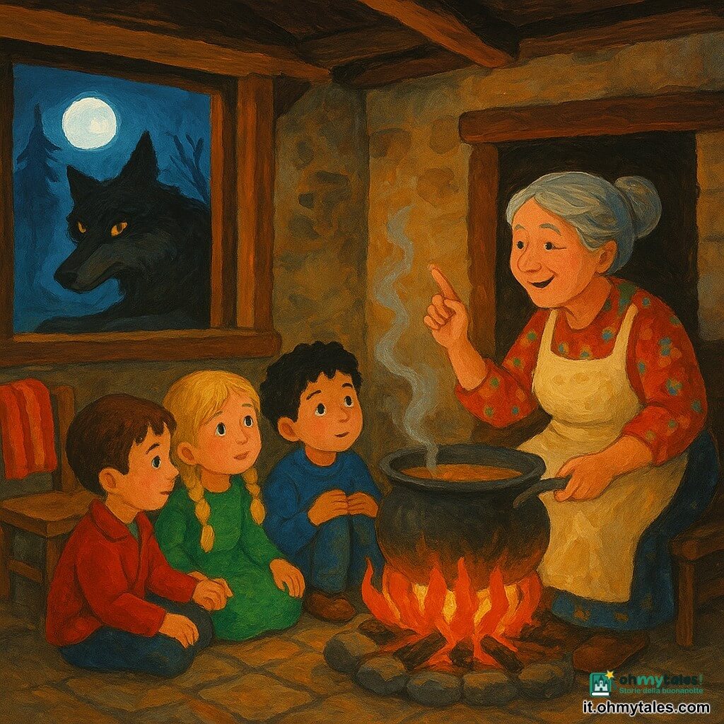 Ci sono sei personaggi: Lino, bambino di circa 6 anni, capelli castani corti, giacca rossa, seduto a sinistra del fuoco, tiene la mano di Marta e guarda il lupo dalla finestra; Marta, bambina di circa 6 anni, trecce bionde, vestito verde, seduta accanto a Lino, tiene la mano di Pino e ascolta la nonna; Pino, bambino di circa 6 anni, capelli ricci neri, maglione blu, seduto a destra di Marta con le ginocchia rivolte verso il fuoco, guarda la nonna; Giada, bambina di circa 6 anni, capelli castano chiaro a codini, vestito giallo, seduta vicino a Pino, raccolta con gli altri bambini; la nonna, donna di circa 70 anni, capelli grigi raccolti, vestito a fiori e grembiule crema, in piedi vicino alla grande pentola sul fuoco, sorride raccontando una storia; il grande lupo maschio, pelo spesso nero e grigio, occhi color ambra, fuori dalla finestra sdraiato sulle zampe, silhouette enorme contro la luna. Luogo: interno di una piccola casa di legno e pietra con pavimento a lastre, travi a vista, grande camino in pietra con fiamme arancioni e rosse che proiettano ombre, vapore di zuppa che sale, coperta di lana su una sedia e una piccola finestra aperta su una foresta scura. Situazione principale: i quattro bambini sono raccolti attorno al fuoco mentre la nonna racconta vicino alla pentola; attraverso la finestra il grande lupo aspetta silenzioso sotto la luna osservando la casa illuminata.