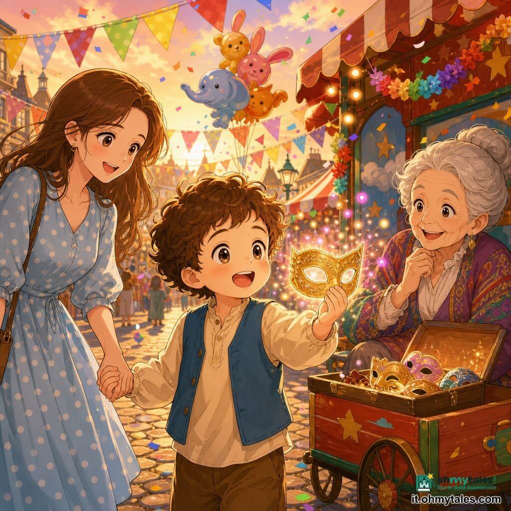 Bambino di 4 anni, volto rotondo, capelli castani corti e ricci, occhi grandi e luminosi, sorriso meravigliato, al centro che alza una piccola maschera di carta dorata da cui escono sottili bolle di luce rosa e gialla; mamma di circa 30 anni, capelli castani lunghi e vestito azzurro a pois, gli tiene la mano sorridendo teneramente dietro a sinistra; nonna di circa 70 anni, capelli grigi raccolti, giacca colorata e piccolo carretto di legno rosso e verde, seduta a destra mentre mostra una scatola di maschere che brilla dolcemente; piazza del carnevale lastricata al tramonto con luci calde, bandierine e ghirlande di carta, bancarella di legno con stelle dipinte, coriandoli e palloncini a forma di animali in volo; scena centrata, gioiosa, colori vivaci, figure intorno al bambino con gesti dolci.
