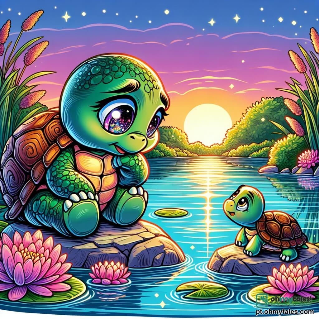 Uma pequena tartaruguinha chamada Tina, com uma carapaça verde e olhos brilhantes, está sentada em uma pedra à beira de um lago azul cintilante. Ela parece triste e pensativa, com as patinhas pequenas recolhidas sob ela, enquanto observa a água. Ao seu lado, sua mãe, uma grande tartaruga com pelagem suave e marrom, a observa com uma expressão doce e reconfortante, colocando uma nadadeira sobre o ombro de Tina para apoiá-la. O cenário é um lago tranquilo cercado por nenúfares rosas e juncos verdes, com reflexos do sol poente iluminando a água com uma luz dourada. Nesta cena emotiva, Tina se sente perdida e confusa, buscando respostas sobre a perda de seu avô, enquanto sua mãe lhe oferece um momento de conforto à beira deste lago mágico.