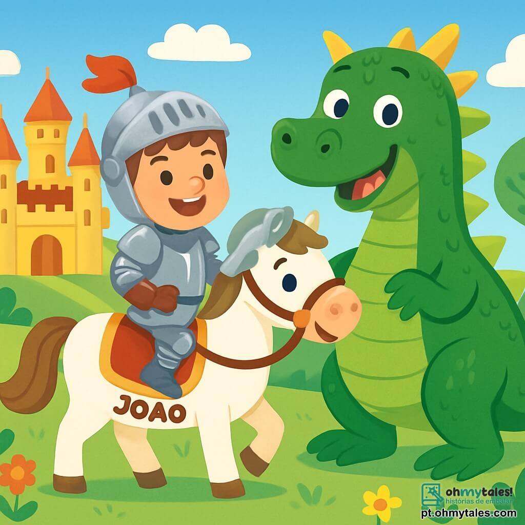 Um cavaleiro corajoso, chamado João, está em pé sobre seu cavalo branco brilhante. Ele tem cabelos castanhos e usa uma armadura reluzente que brilha sob o sol. Seu rosto expressa determinação e alegria, com um grande sorriso. Ao lado dele, um grande dragão verde, com escamas brilhantes, sorri amigavelmente. Seus olhos são suaves e curiosos, e ele está em suas patas traseiras, pronto para brincar. Ao fundo, um magnífico castelo com torres douradas se ergue majestoso, cercado por flores coloridas e árvores verdejantes. O céu é azul com algumas nuvens brancas e fofas. A cena mostra João e o dragão lado a lado, rindo e se divertindo juntos, enquanto o cavalo branco observa com curiosidade. É um momento de alegria e amizade entre um cavaleiro e um dragão.