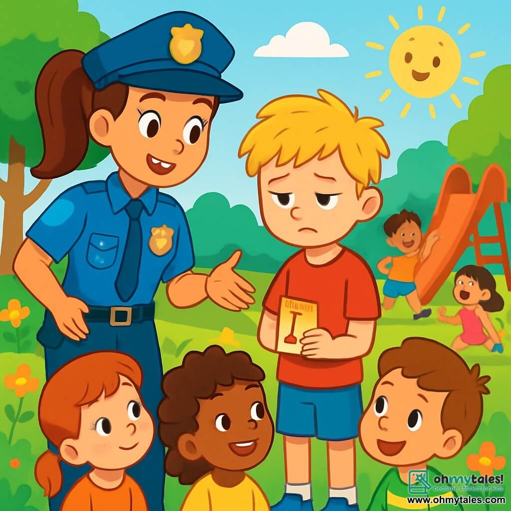 Officer Paula, a smiling policewoman, stands in a sunny park wearing a bright blue uniform and a shiny badge. With her brown hair tied in a ponytail and sparkling eyes, she leans towards a group of children. Max, an 8-year-old boy with messy blonde hair, stands beside her looking worried, arms crossed and staring at the ground. He wears a red t-shirt and blue shorts, holding a small game card. The park is lush with leafy trees, colorful flowers, and a bright red slide in the background. Children are playing around, laughing and running. Officer Paula explains to the children how to solve the mystery of Max's red scooter, while the others listen attentively, their faces curious and excited.