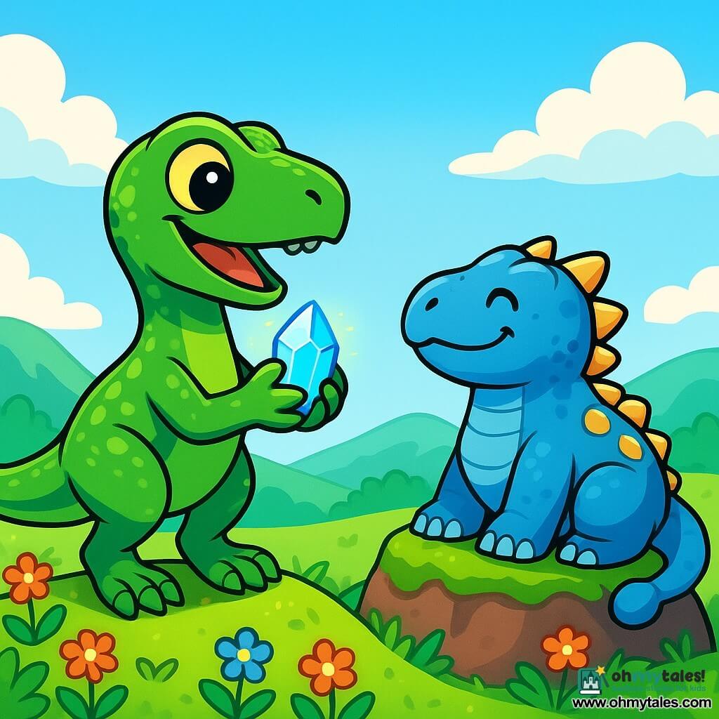 A velociraptor named Rin, with shiny green scales and sparkling curious eyes, stands on a sunny knoll, heart racing with excitement. Surrounded by colorful blooming flowers, he holds a sparkling crystal close to his chest. Beside him, an ankylosaurus named Kiri, with bluish scales and golden plates on his back, smiles gently while sitting on a moss-covered rock, watching Rin kindly. In the background, lush hills rise under a clear blue sky dotted with fluffy white clouds. The scene exudes an atmosphere of camaraderie and magic as Rin and Kiri prepare to share their light with the world.
