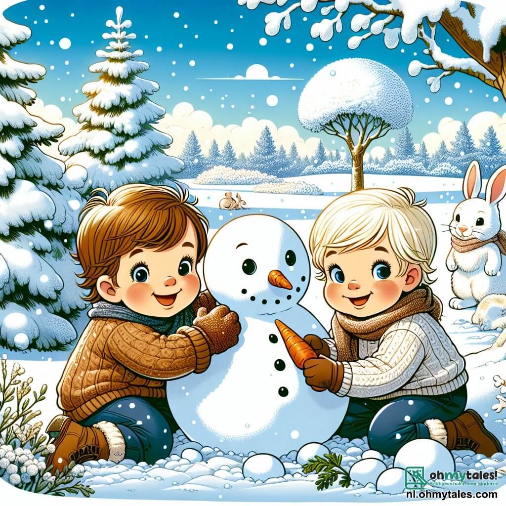 In een winterlandschap zien we Sam, een jongen van bijna 2 jaar met rommelig bruin haar en een stralende glimlach, die samen met zijn vriend Joep, een 2-jarige jongen met blond haar en sprankelende ogen, een sneeuwman aan het bouwen is. Joep houdt een wortel vast voor de neus van de sneeuwman. Ze zitten allebei in de sneeuw, omringd door zacht vallende sneeuwvlokken. Achter hen kijkt een klein wit konijn nieuwsgierig toe, met zijn grote oren rechtop, verstopt achter een besneeuwde struik. De achtergrond is een betoverd bos, waar de bomen bedekt zijn met een dikke laag sneeuw en de grond glinstert onder de winterzon. De lucht is helderblauw, met donzige wolken. De hoofdscène toont Sam en Joep, vrolijk en geconcentreerd, terwijl ze hun sneeuwpop tot leven brengen, terwijl het konijn nieuwsgierig toekijkt.