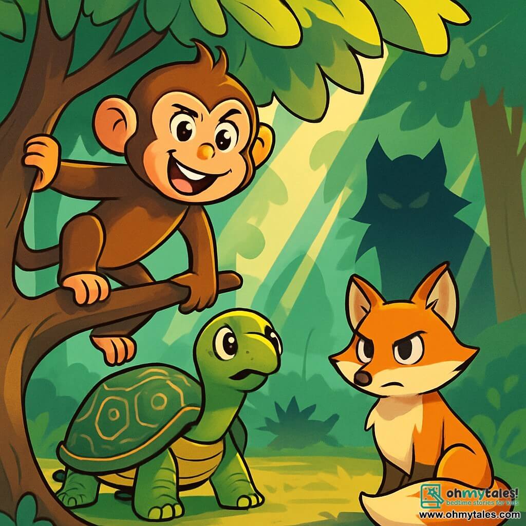 A mischievous little monkey named Milo, with golden-brown fur and sparkling curious eyes, joyfully climbs a tree branch, a wide smile lighting up his face. Beside him, Tilda, a wise turtle with a green shell adorned with golden patterns, watches him kindly, her eyes shining with wisdom. Luna, a vibrant red fox with bright fur, stands below, her tail curled around her paws, ready to leap with enthusiasm. The setting is an enchanted forest clearing, surrounded by majestic trees with bright green leaves, while rays of sunlight filter through the foliage, creating bright patterns on the ground. The main scene shows Milo and his friends preparing to confront a mysterious shadow that threatens to plunge the forest into darkness, their faces determined and full of hope.
