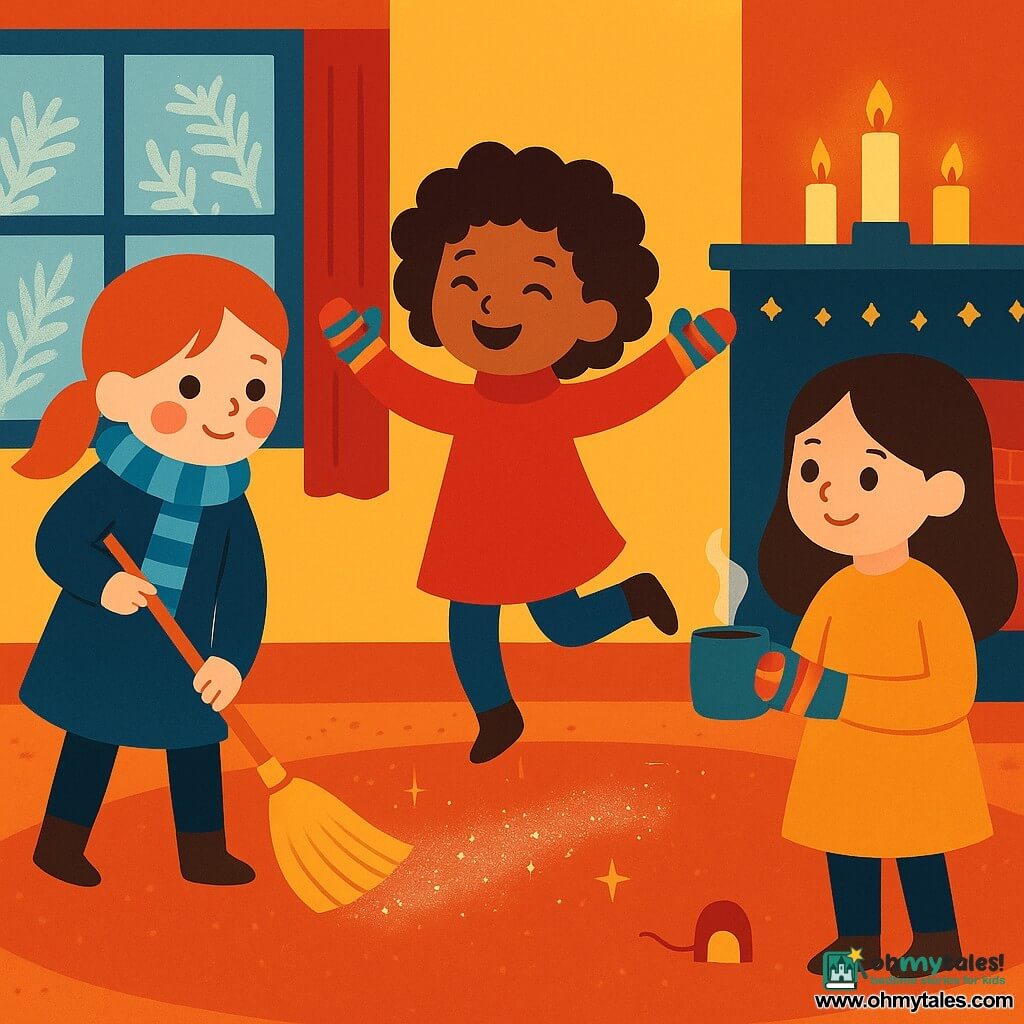 There are 3 characters: - A girl named Marnie, aged 6, with cheeks red like apples, wearing a blue striped scarf. She holds a broom and stands on the left of the image. - A girl named Dot, aged 6, with curly hair and a mischievous smile, wearing colorful mittens. She is in the center, skipping joyfully. - A girl named June, aged 6, with smooth hair and thoughtful eyes, holding a steaming cup of cocoa. She is on the right, looking at the others with a gentle smile. The setting is a warm and welcoming room, with a large plush rug on the floor, a frosted window with fern-like ice patterns, and a mantelpiece decorated with small twinkling candles. The soft candlelight reflects on the walls, creating a magical atmosphere. The main situation shows the three girls sweeping the floor together, revealing a trail of silver dust that shines like stars. A small breeze plays with a colorful ribbon, and a tiny door in the baseboard is ajar, revealing a golden glow. The girls are focused and joyful, working together in an atmosphere of magic and camaraderie.