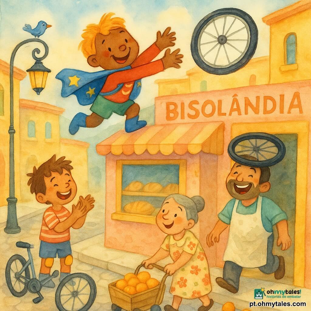 Super Tico: rosto redondo e sorridente, cabelos laranja despenteados, capa azul com estrelas, no telhado da pequena padaria esticando os braços para pegar uma roda de bicicleta; Zé: cerca de 8 anos, cabelos castanhos, roupa listrada, aplaudindo e rindo na calçada com a bicicleta meio guardada; dona Carminda: cerca de 65 anos, cabelo grisalho preso, vestido florido, segura um carrinho com laranjas que rolam; o padeiro: cerca de 40 anos, avental branco enfarinhado, com uma roda de bicicleta na cabeça como chapéu, sai rindo da padaria; rua colorida de RisoLândia com casas em tons pastel, calçamento de pedras arredondadas, vitrine de padaria e um lampião com um pássaro; cena animada e engraçada, cores vivas e textura aquarelada, atmosfera alegre e lúdica.