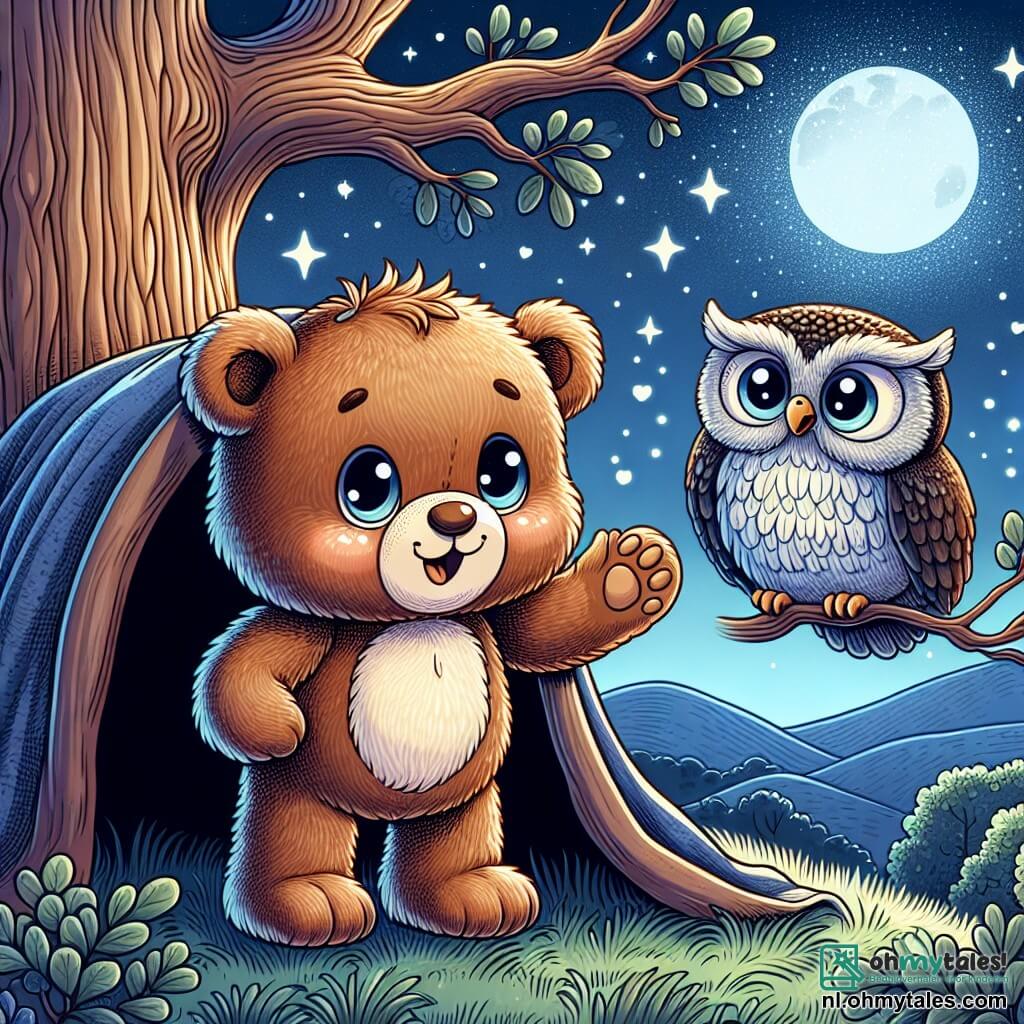 Een kleine teddybeer met zachte, bruine vacht en ronde, nieuwsgierige ogen staat aan de rand van zijn knusse hol onder een grote eik. Hij heeft een uitdrukking van verwondering en angst terwijl hij naar de sterrenhemel kijkt. Naast hem zit een grote uil met zilveren veren en wijze ogen, zittend op een tak, die warm glimlacht en een gevoel van troost en veiligheid uitstraalt. De nachtelijke lucht is bezaaid met fonkelende sterren en de maan verlicht zachtjes het landschap, waardoor een magische en rustgevende sfeer ontstaat. De beer, hoewel nerveus, is bereid om zijn angsten onder ogen te zien, terwijl de uil hem aanmoedigt om de schoonheid van de nacht te verkennen.
