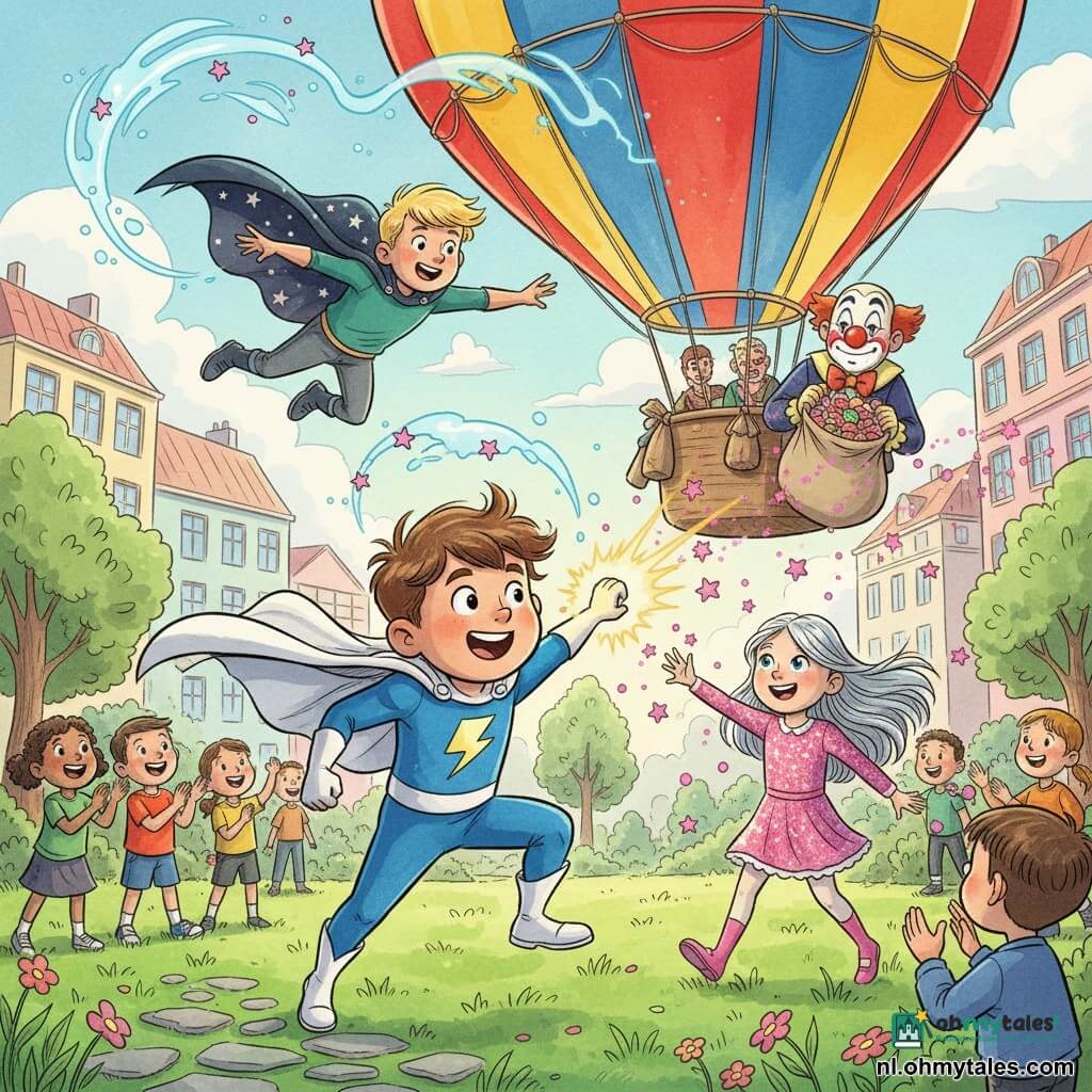Bliksemman, ongeveer 8 jaar, rond gezicht, warrig bruin haar, vastberaden glimlach, draagt een witte zwierige cape en een elektrischblauw pak; hij springt rennend naar een grote gestreepte heteluchtballon en schiet gele-blauwe vonken uit zijn handen; Vliegende Vriend, ongeveer 9 jaar, kort blond haar en een donkere sterrendcape, vliegt boven de ballon met open armen; Sterrenmeisje, ongeveer 8 jaar, lang zilverachtig haar en een roze glinsterjurk, staat op de grond en laat een regen van kleine roze sterren neer die de aandacht trekken terwijl ze zacht glimlacht; de clown Vooruit de Vreselijke, volwassen, geschminkt gezicht met grote rode neus en verbaasde maar zachte blik, staat bij de mand rechtsboven met een grote zak kleurrijke snoepjes; scène in een zonnig park met groene grasvelden, bloemen, een stenen pad, gestileerde bomen en pastelkleurige gevels op de achtergrond, de ruime gestreepte ballon vult de lage hemel; hoofdactie: een vrolijke, lichte confrontatie waarin de drie jonge helden hun krachten—elektrische blauwe bliksems en regen van roze sterren—samen gebruiken om de clown zonder geweld te stoppen terwijl verzamelde kinderen applaudisseren; stijl: gekleurde inkt, strakke lijnen, lichte aquareltexturen, felle contrasterende kleuren en compositie gericht op de ballon en de beweging van de personages.