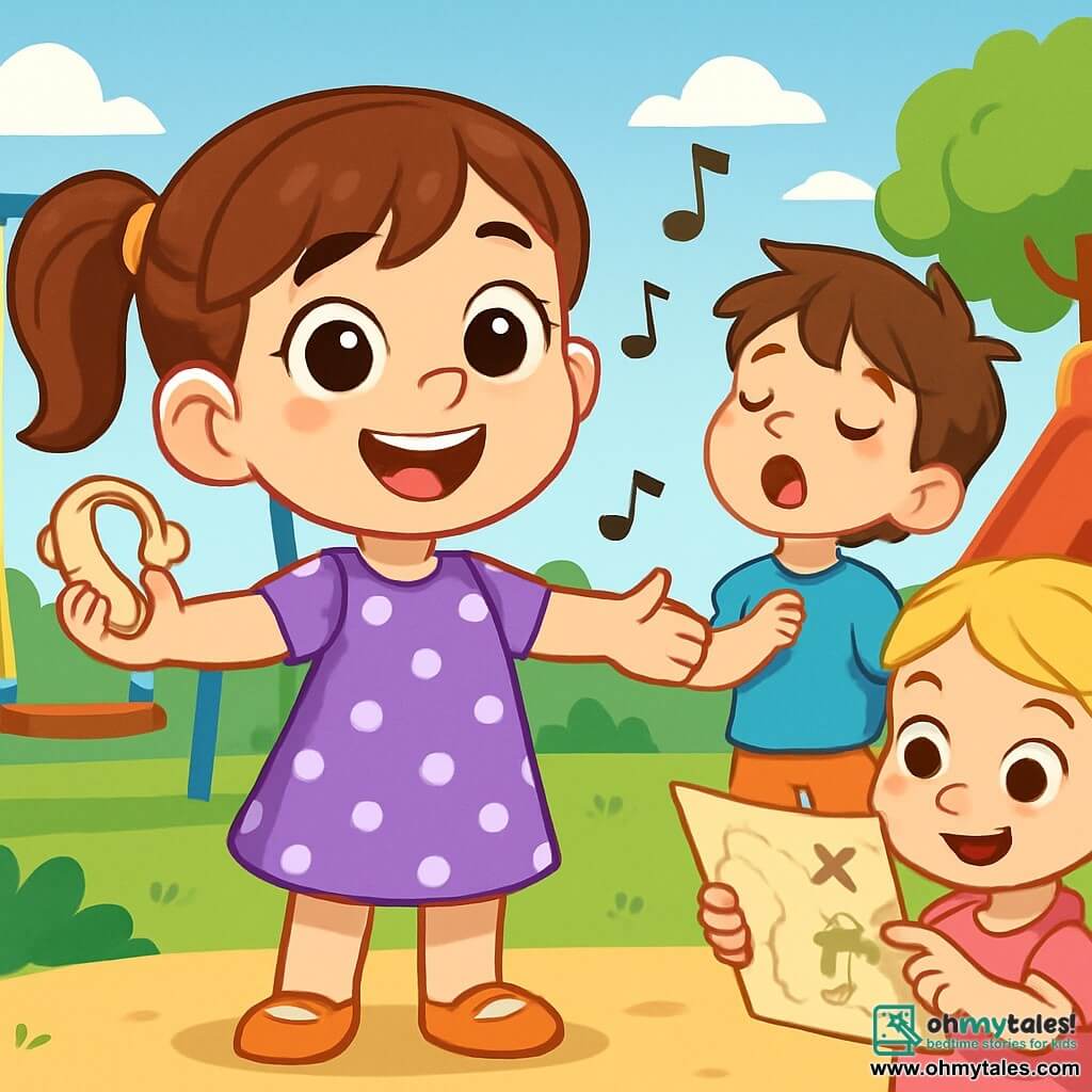 A 6-year-old girl with sparkling eyes and a radiant smile wears a purple polka dot dress and shiny shoes. She stands with her arms open, full of joy and pride, holding her hearing aid in one hand. Next to her, a 6-year-old boy with messy brown hair and a blue t-shirt sings enthusiastically with his eyes closed, as if on stage. Another character, a 6-year-old girl with braided blonde hair in a pink dress, is reading a treasure map, focused and smiling, while pointing to a hidden clue. The setting is a sunny playground with colorful swings, a bright red slide, and lush green trees in the background. The children are surrounded by laughter and excitement, ready for a treasure hunt. The main scene shows the happy girl sharing her experience and pride in using her hearing aid while enjoying a joyful moment with her friends.
