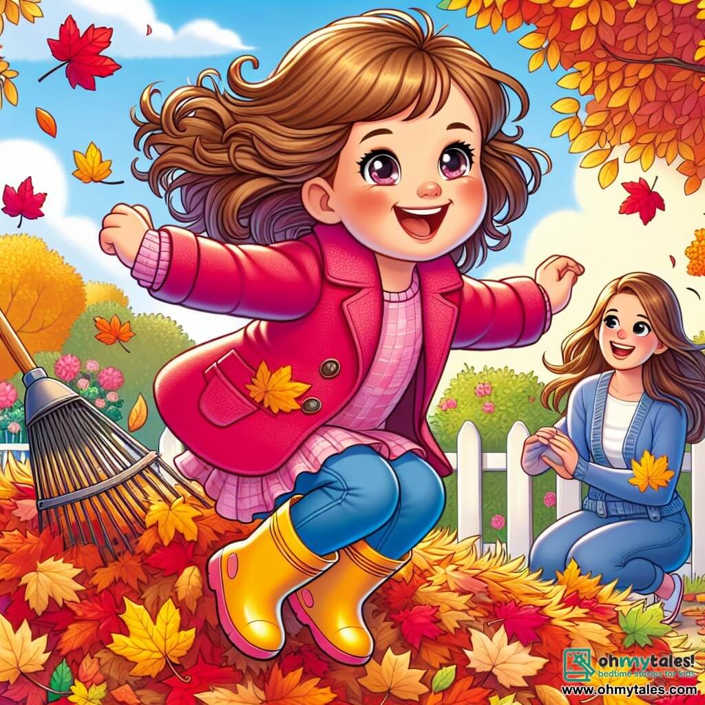 A 4-year-old girl named Emma, with curly brown hair and sparkling eyes, joyfully jumps into a large pile of brightly colored autumn leaves: red, yellow, and orange. She wears a pink coat and yellow rubber boots. Next to her, her mother, a woman in her thirties with long, smooth hair, laughs while holding a leaf rake, dressed in a blue sweater and jeans, standing slightly back and watching her daughter with affection. The garden is filled with trees with golden leaves, and the sky is a clear blue, dotted with fluffy white clouds. In this scene, Emma enjoys jumping in the leaves, creating a colorful cloud around her, while her mother smiles, savoring this joyful and warm autumn moment.
