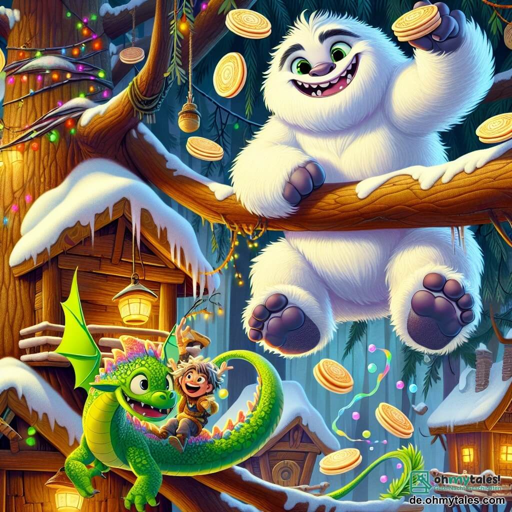 Ein fröhlicher und schelmischer Yeti mit weißem, flauschigem Fell tanzt auf einem großen Baum, seine großen, pfannkuchenähnlichen Füße schwingen in der Luft. Er hat funkelnde, schelmische Augen und ein breites Lächeln, das sein Gesicht erhellt. Neben ihm bläst ein grüner Drache namens Bubblo mit glänzenden Schuppen und runden Augen bunte Blasen, die um sie herum schweben und eine magische Atmosphäre schaffen. Darunter lacht ein kleines Mädchen von 8 Jahren, Kiki, mit lockigem Haar und einem bunten Kleid, während sie versucht, die Blasen zu fangen. Die Szenerie ist ein Baumdorf mit Holzhäusern, die mit Lichtern geschmückt sind, und Bambuszweigen, die im Wind tanzen. Die Szene zeigt den Yeti, der fröhlich tanzt, während die Blasen um sie herum platzen und die Luft mit Lachen und strahlenden Farben füllen.