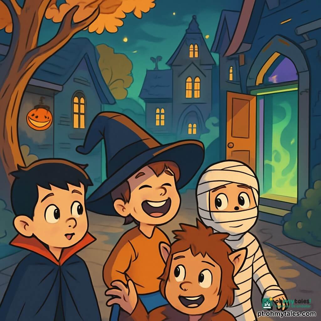 Há 4 crianças: - Matheus: um garoto de 10 anos, vestido de vampiro com uma capa preta e dentes afiados, está à esquerda, com um olhar curioso. - Lucas: um garoto de 10 anos, usando um grande chapéu de bruxa preto que cobre os olhos, está no centro, rindo entusiasticamente. - Gabriel: um garoto de 10 anos, enrolado em faixas brancas como uma múmia, está à direita, com um olhar preocupado. - Pedro: um garoto de 10 anos, fantasiado de lobisomem com pelagem marrom e garras, está um pouco atrás, sorrindo corajosamente. O local é uma rua escura e nebulosa da Vila dos Mistérios, com casas antigas cujas janelas são iluminadas por lanternas em forma de abóbora. Árvores tortuosas com folhas douradas estão de cada lado, e uma casa misteriosa ao fundo, decorada com luzes verdes e roxas, parece chamá-los. A cena principal mostra as crianças hesitando diante da porta da casa misteriosa, que se abre lentamente, liberando um sopro frio e risadas distantes. As crianças, com expressões de curiosidade e excitação, se preparam para entrar no desconhecido.