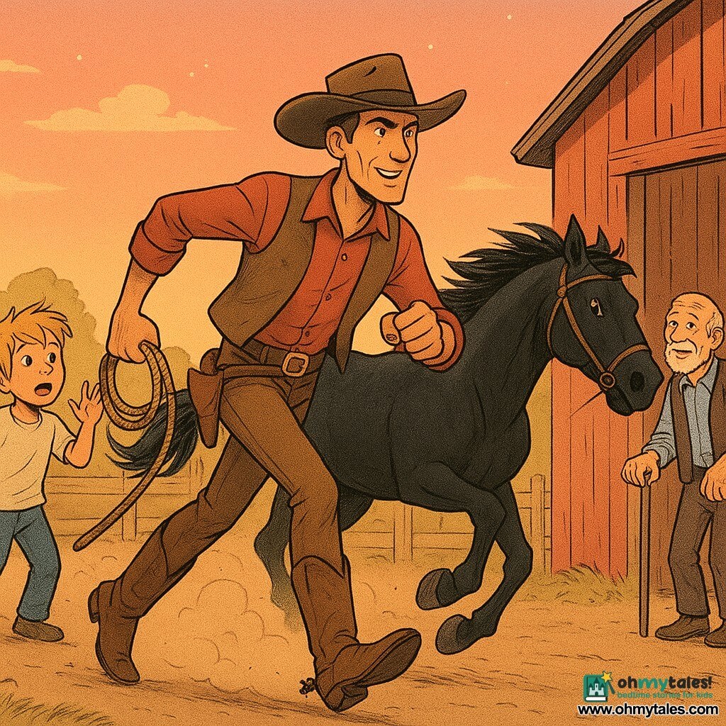 A tall, lanky cowboy with a wide hat and weathered leather boots, determined smile and sun-tanned face, holds a rope and strides forward in action; behind him to the left, Timmy, about 8, blond and awed, raises his arms in applause; to the right near a barn door, Old Man Hargrove, ~70 with a short gray beard, leans on a cane, relieved and grateful; a large glossy black horse gallops alongside, mane flowing and nostrils flared; the setting is a Far West farm at dusk—cracked red wooden barn, light wooden fences, hay bales and an orange-pink sky with early stars; the cowboy and horse charge toward two surprised bandits by the cattle bench, dust rising, dramatic but non-threatening expressions, warm colors, soft comic style with clean lines and textured wood and leather.
