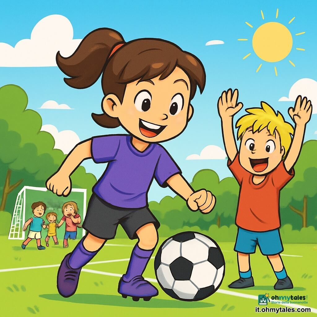 Viola, una ragazza di 10 anni, è al centro dell'immagine, con i capelli castani raccolti in una coda di cavallo e un ampio sorriso sul viso. Indossa una maglietta da calcio viola con pantaloni corti neri e sta dribblando un pallone da calcio sul campo. I suoi occhi brillano di determinazione e gioia. Accanto a lei, Samuele, un ragazzo di 9 anni, la guarda con ammirazione. Ha i capelli biondi disordinati e indossa una grande maglietta rossa. Alza le braccia, pronto a incoraggiare Viola, con un sorriso stupito sul viso. Sullo sfondo, il campo da calcio è vivace, circondato da verde, con linee bianche tracciate sull'erba. I bambini giocano e ridono, creando un'atmosfera gioiosa. Il cielo è blu con alcune nuvole bianche e il sole splende, aggiungendo calore alla scena. La situazione principale mostra Viola in azione, dribblando il pallone con grazia ed energia, mentre i suoi amici la incoraggiano, creando un momento di cameratismo e passione per il calcio.