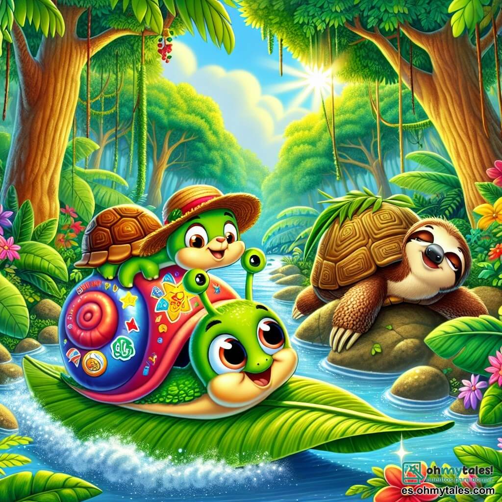 Un caracol llamado Tito, con un caparazón brillante decorado con pegatinas coloridas y una pequeña gorra de béisbol, se desliza alegremente sobre una gran hoja verde, mostrando una sonrisa entusiasta y ojos chispeantes de picardía. A su lado, una tortuga llamada Lola, con un sombrero de paja, lo observa con una expresión decidida, lista para ayudarlo en su aventura. No muy lejos, un perezoso llamado Roco, con los ojos entrecerrados y aspecto somnoliento, está acostado en una rama, despertando lentamente para animarlos. La escena tiene lugar en una jungla exuberante, con árboles gigantes de troncos gruesos, rodeados de flores brillantes y lianas colgantes. Al fondo, un arroyo brillante serpentea entre las rocas, añadiendo un toque de magia al entorno. Tito y sus amigos se preparan para cruzar el arroyo usando grandes hojas como barcos, riendo y divirtiéndose juntos, mientras el sol brilla a través del follaje, creando destellos de luz en esta aventura llena de alegría.