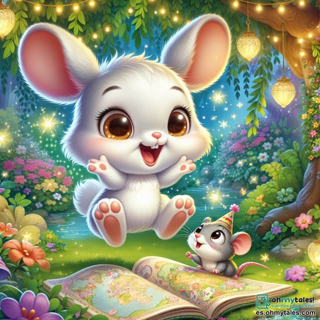 Ilustración que representa un pequeño conejo blanco, con grandes orejas suaves y ojos marrones brillantes de alegría. Está saltando de felicidad, sosteniendo una tarjeta brillante con sus patas delanteras, con una gran sonrisa en su rostro. Al lado de él, un pequeño ratón gris, con un sombrero de fiesta colorido y ojos redondos, mira la tarjeta con asombro, su expresión llena de emoción. Se encuentra justo al lado del conejo, listo para acompañarlo en la aventura. El decorado es un hermoso jardín encantado, iluminado por luciérnagas centelleantes, con árboles de hojas multicolores y flores brillantes que bailan al viento. Guirnaldas de flores cuelgan de las ramas, creando una atmósfera festiva. La situación principal muestra al conejo y al ratón descubriendo un mundo mágico donde los animales preparan una gran fiesta de Año Nuevo, llena de risas y alegría. Elementos gráficos adicionales incluyen guirnaldas de flores, estrellas brillantes en el cielo nocturno y pequeños fuegos artificiales que iluminan la escena, añadiendo un toque de magia al conjunto.